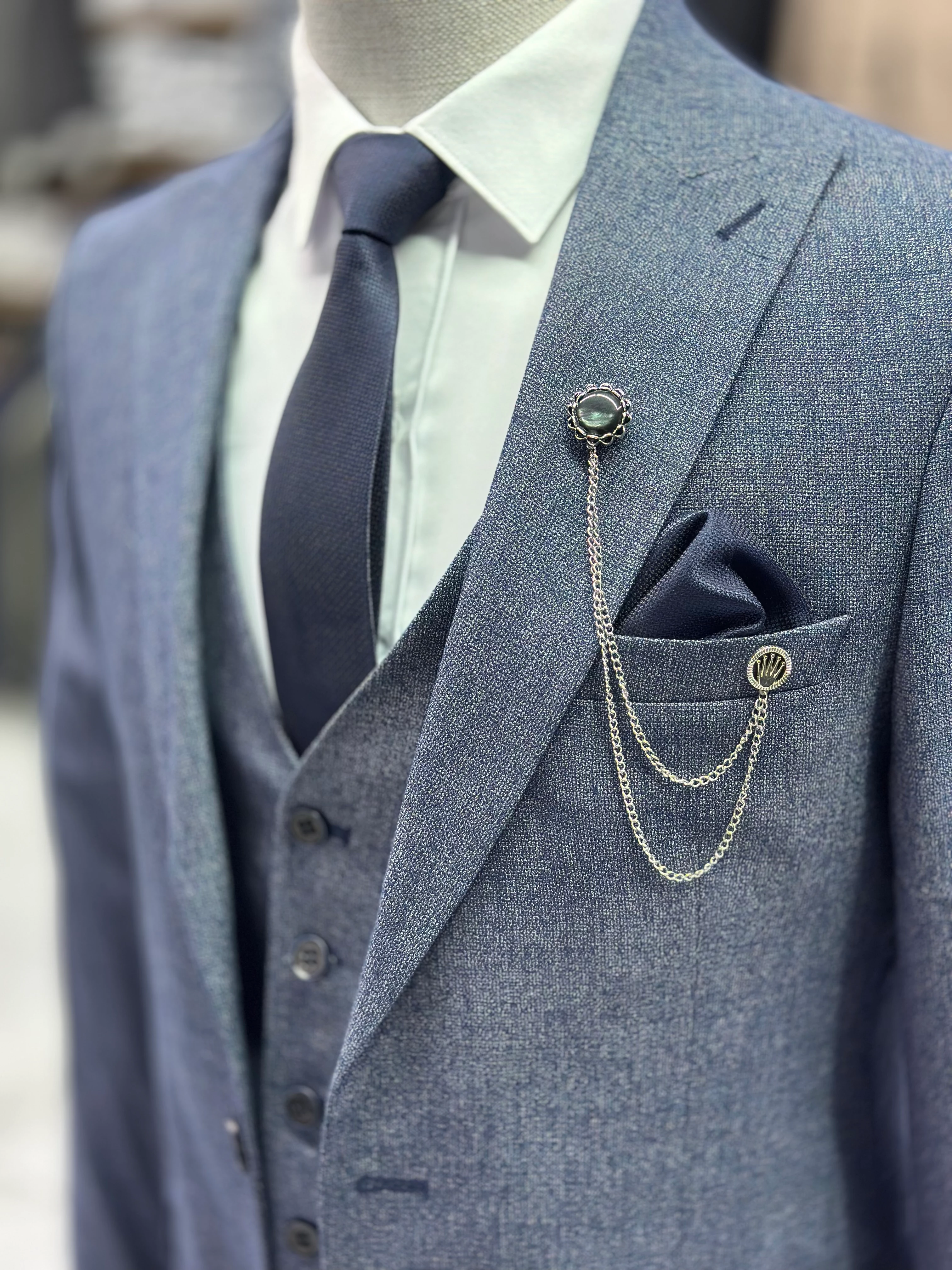 Desenli Yelekli Takım Elbise