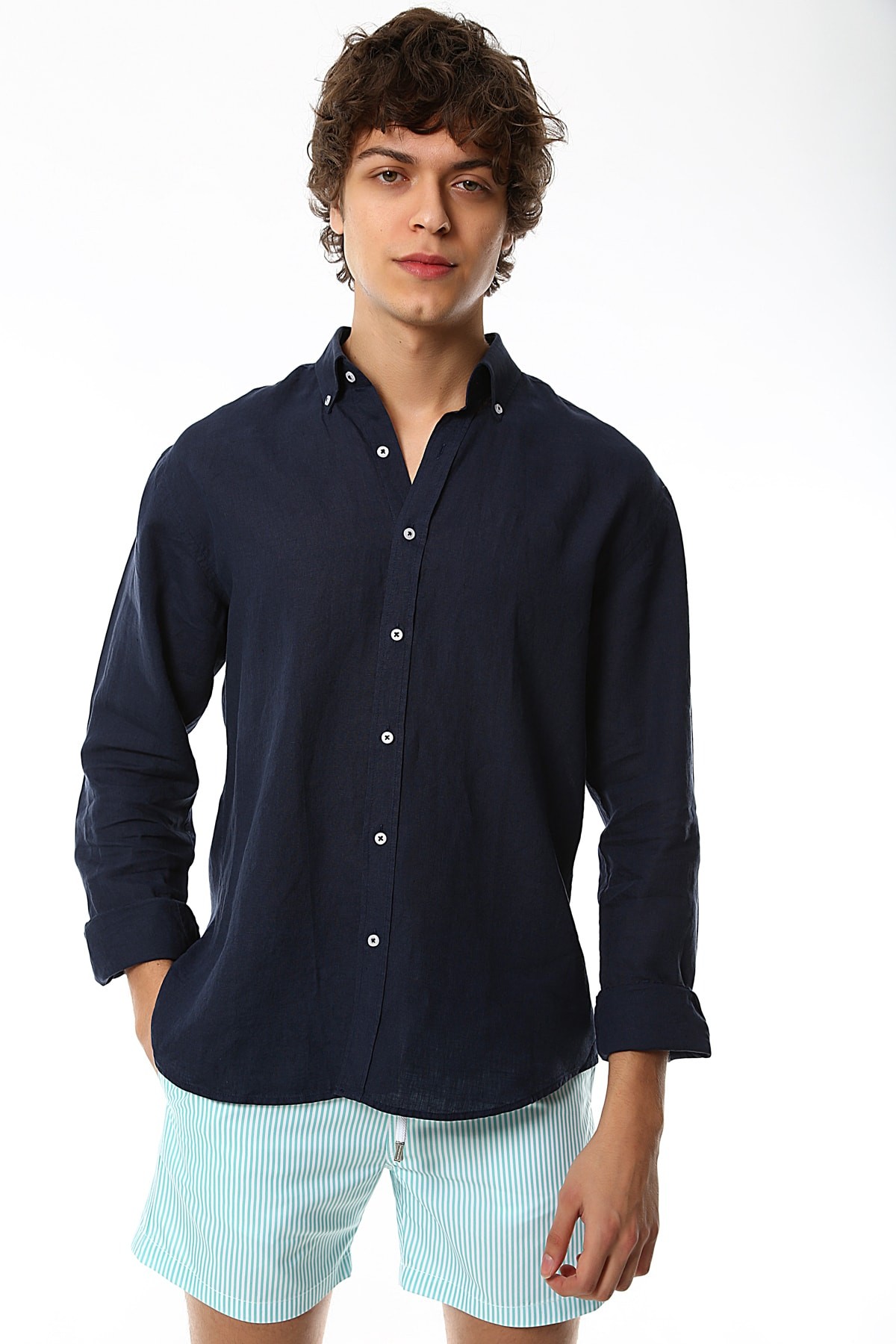Navy Blue Men's Linen Shirt