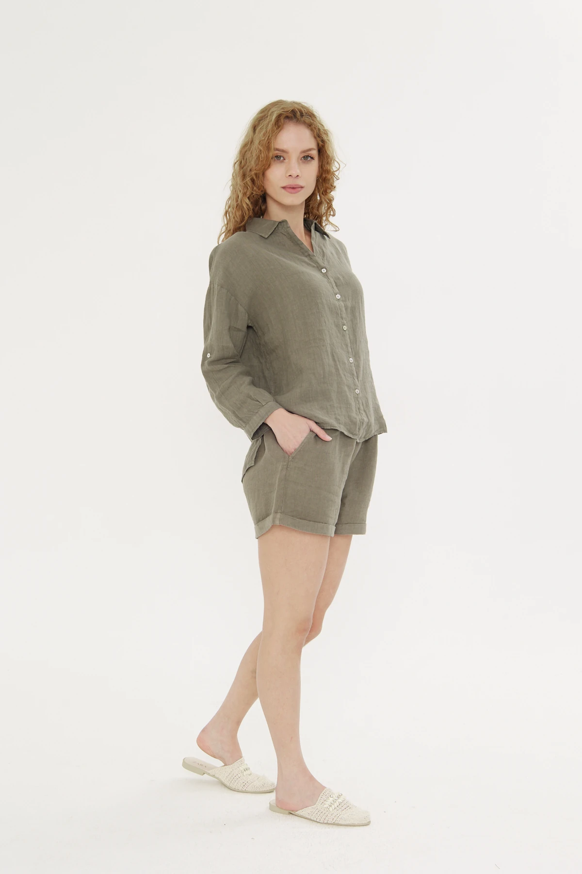 Kadn Keten Gömlek Haki