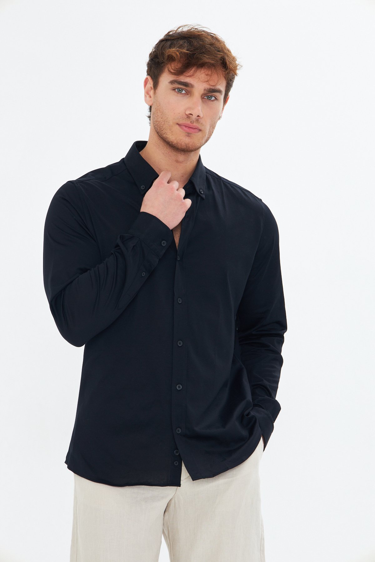 Navy Mercerized Jersey Cotton Shirt