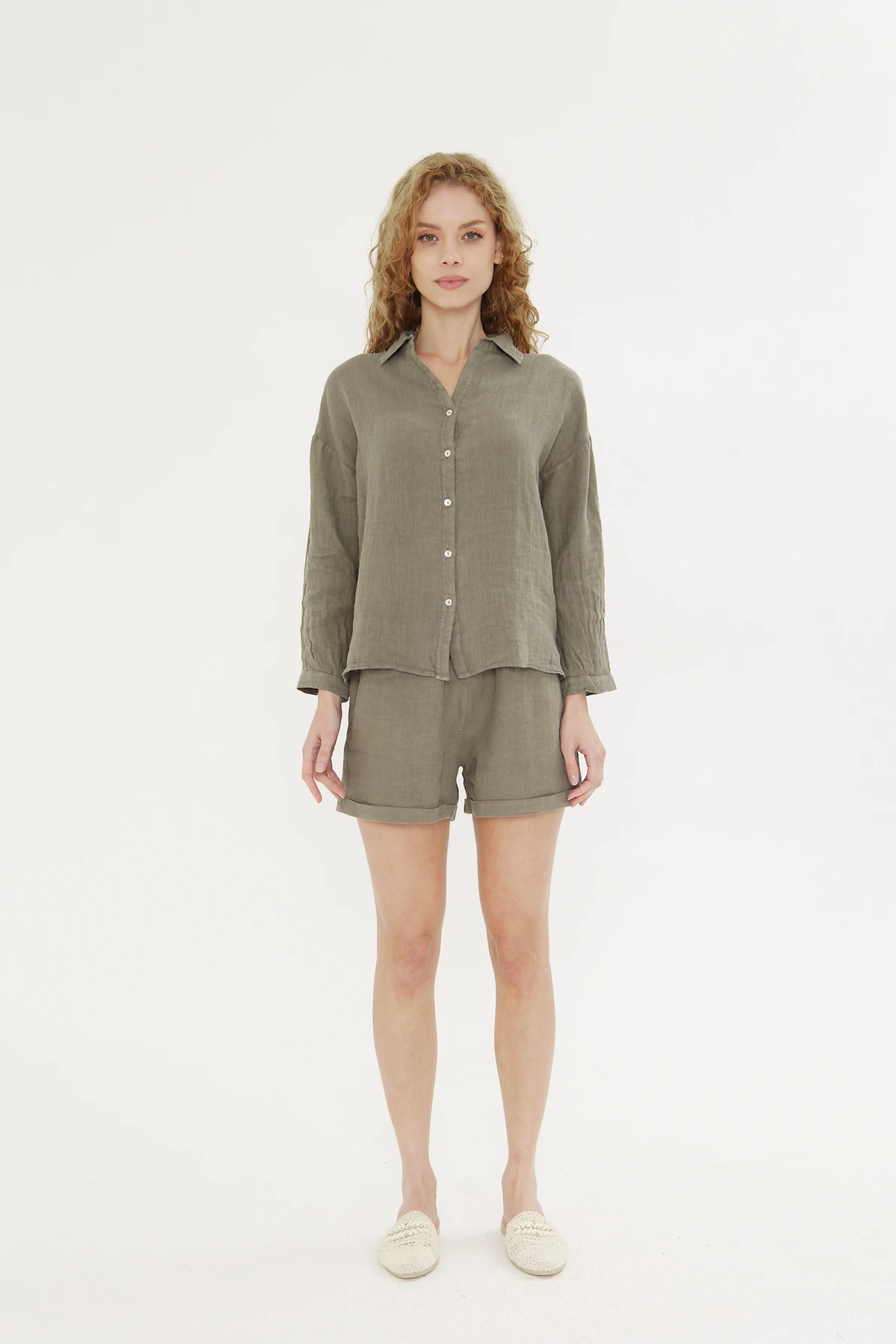 Kadn Keten Gömlek Haki