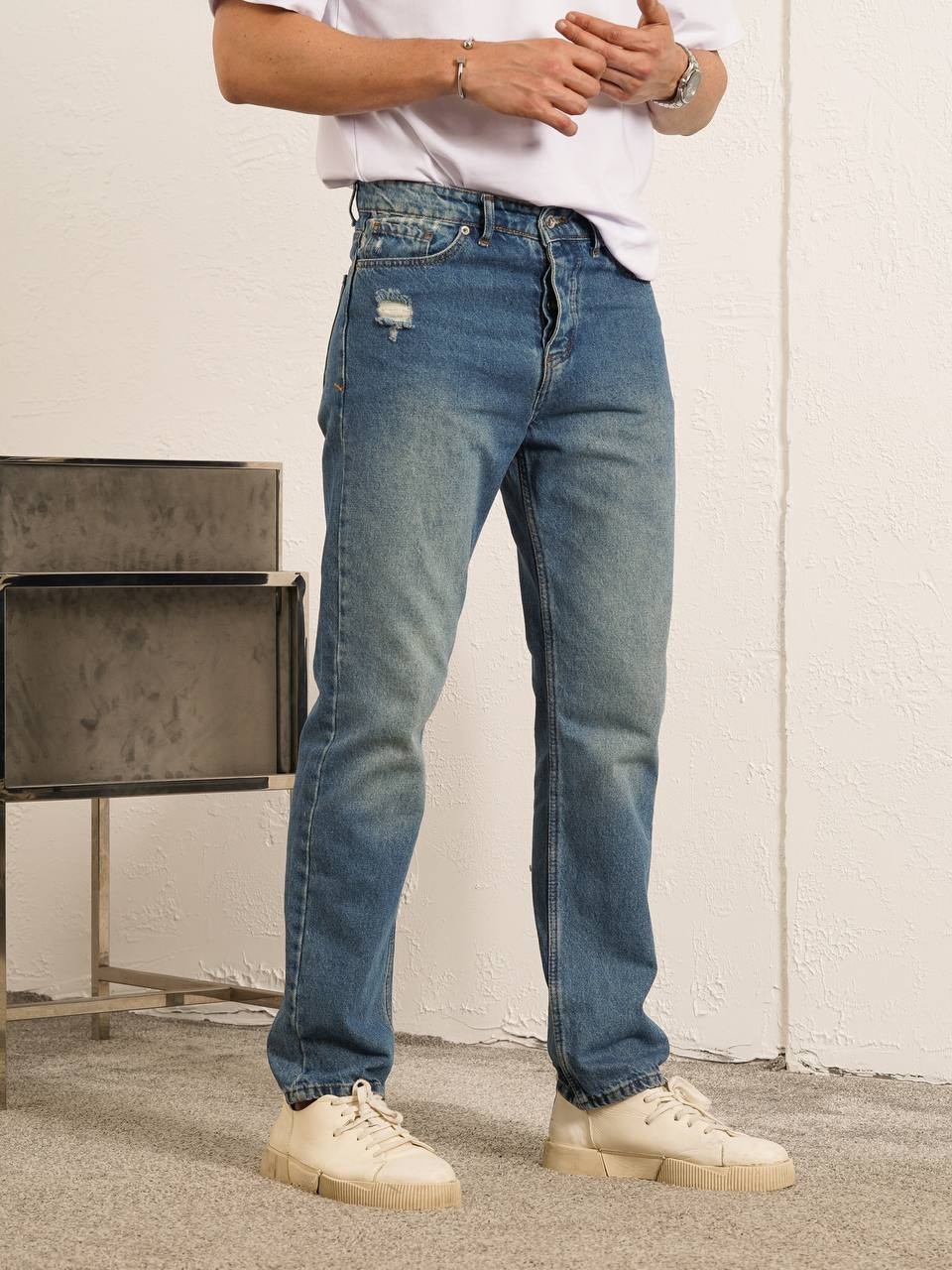 Yırtık Detaylı Mavi Baggy Jean