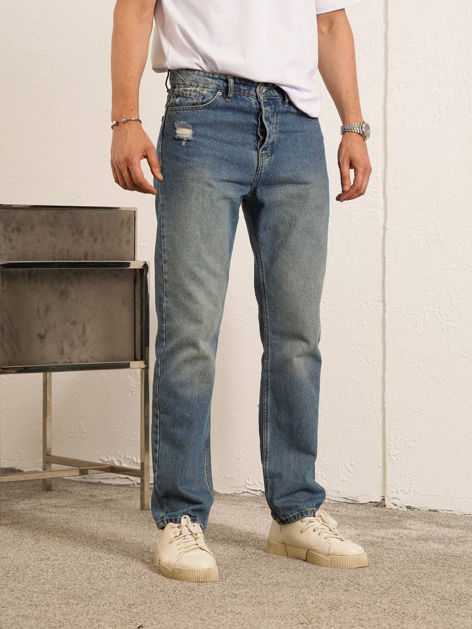 Yırtık Detaylı Mavi Baggy Jean