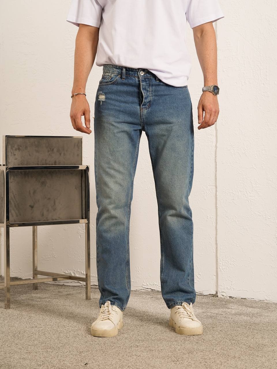 Yırtık Detaylı Mavi Baggy Jean