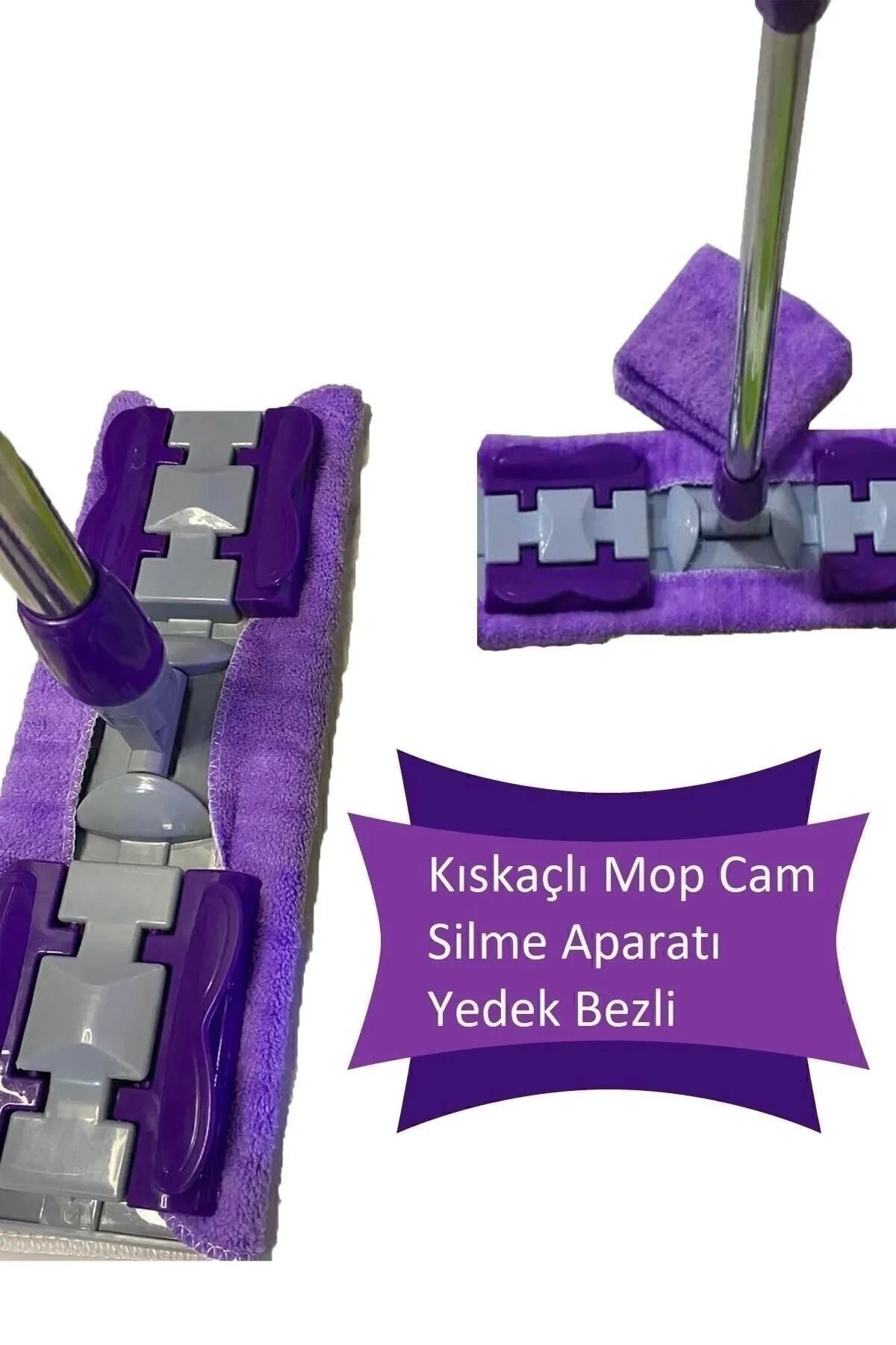 Mor Mandallı / Kıskaçlı Istediğin Bezi Tak Yer Duvar Cam Silme Mopu (MİKROFİBER YEDEK BEZLİ)