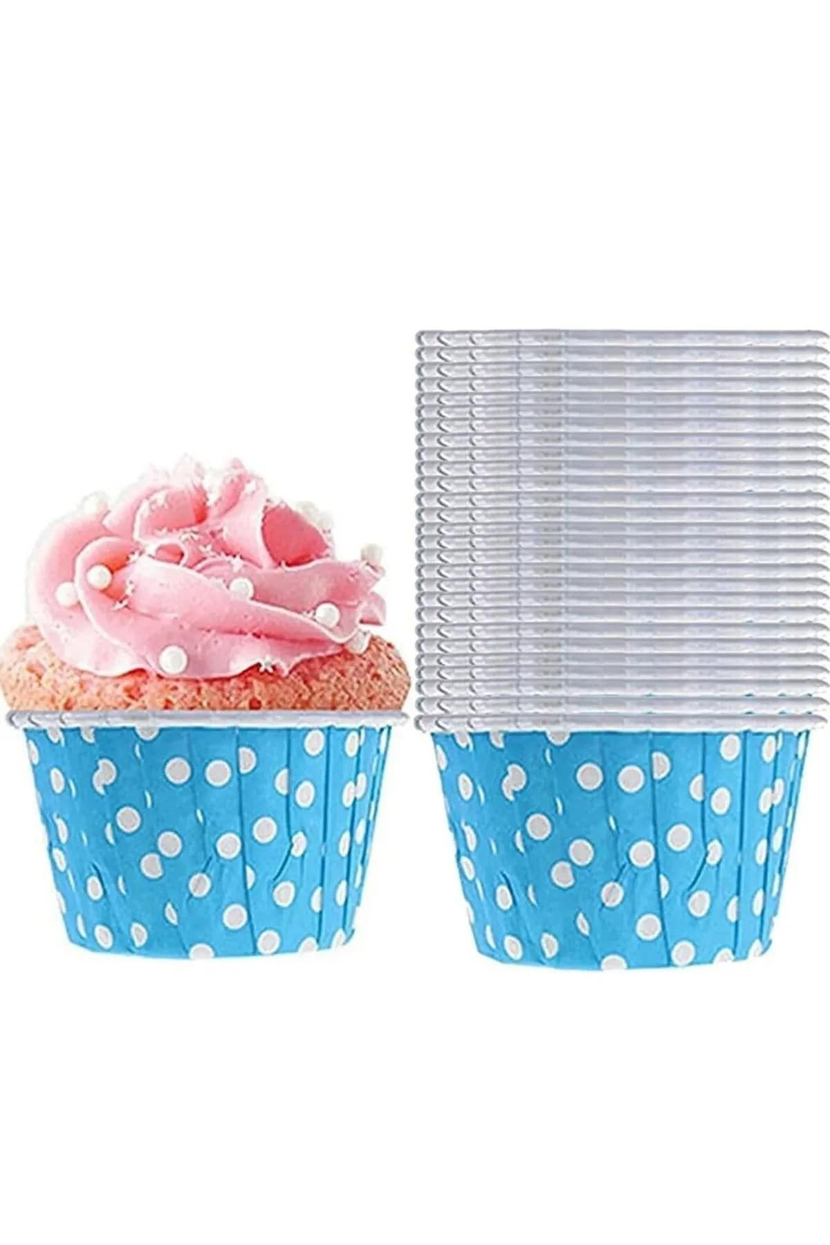 Mavi Renk Puantiye Desenli 50'li Fırına Girebilen Muffin Cupcake Kek Kalıbı Kabı Kapsülü 6,5x4 cm