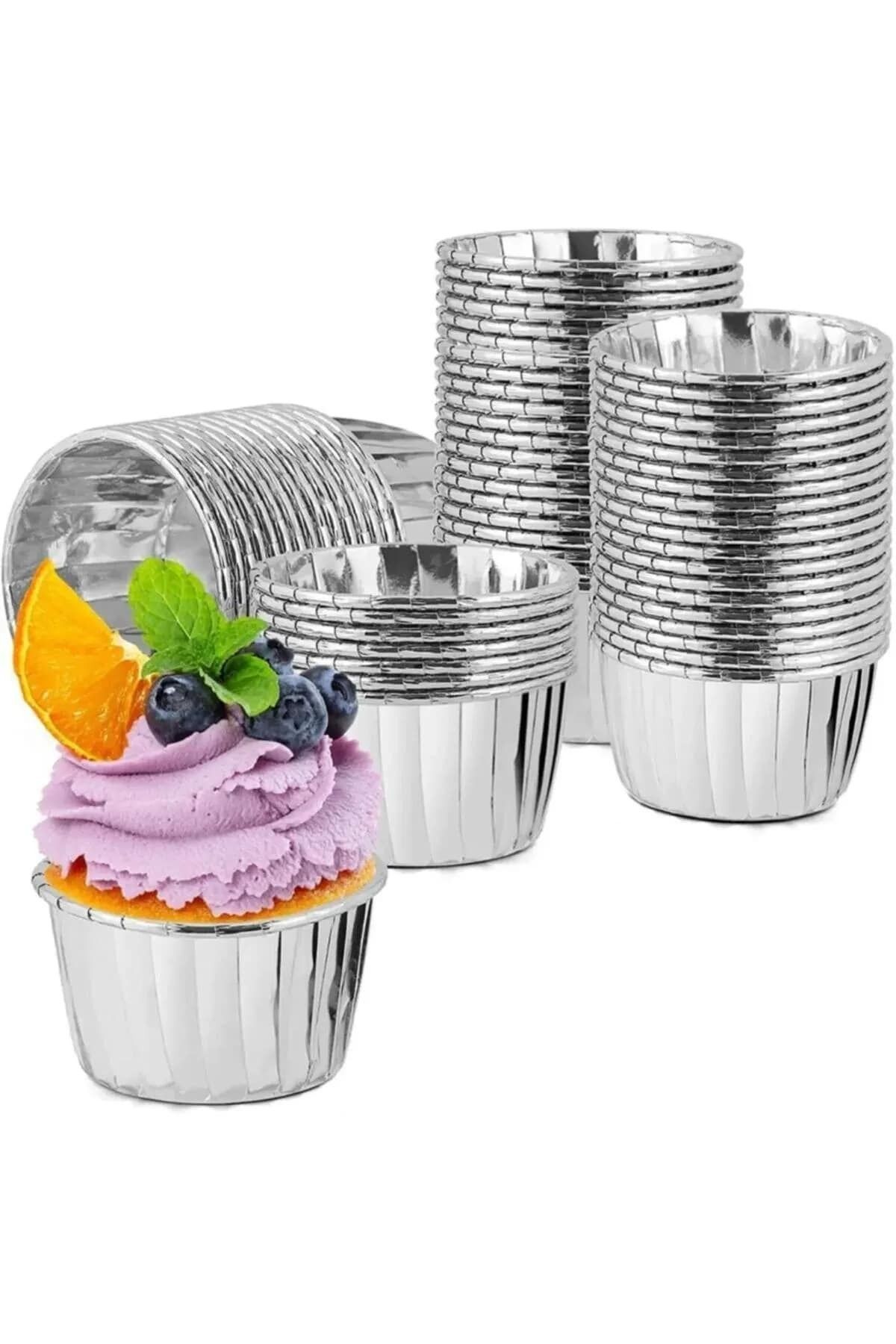 Gümüş Gri Parlak Metalize 25'li Fırına Girebilen Muffin Cupcake Kek Kalıbı Kabı Kapsülü 6,5x4 cm