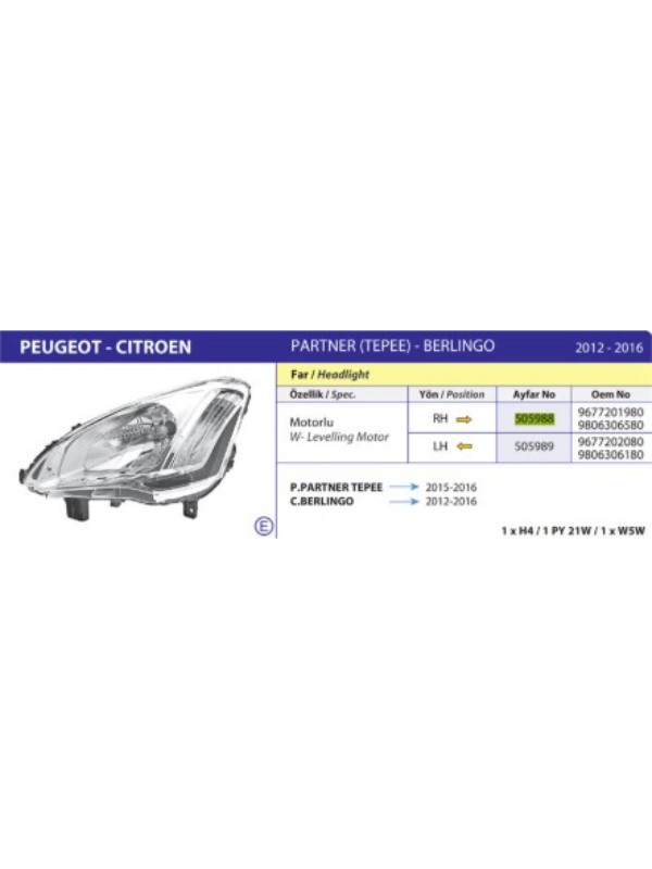 FAR SAG SINYALLI MOTORLU E BELGELI AMPULLU (H4) BERLINGO 2012> image