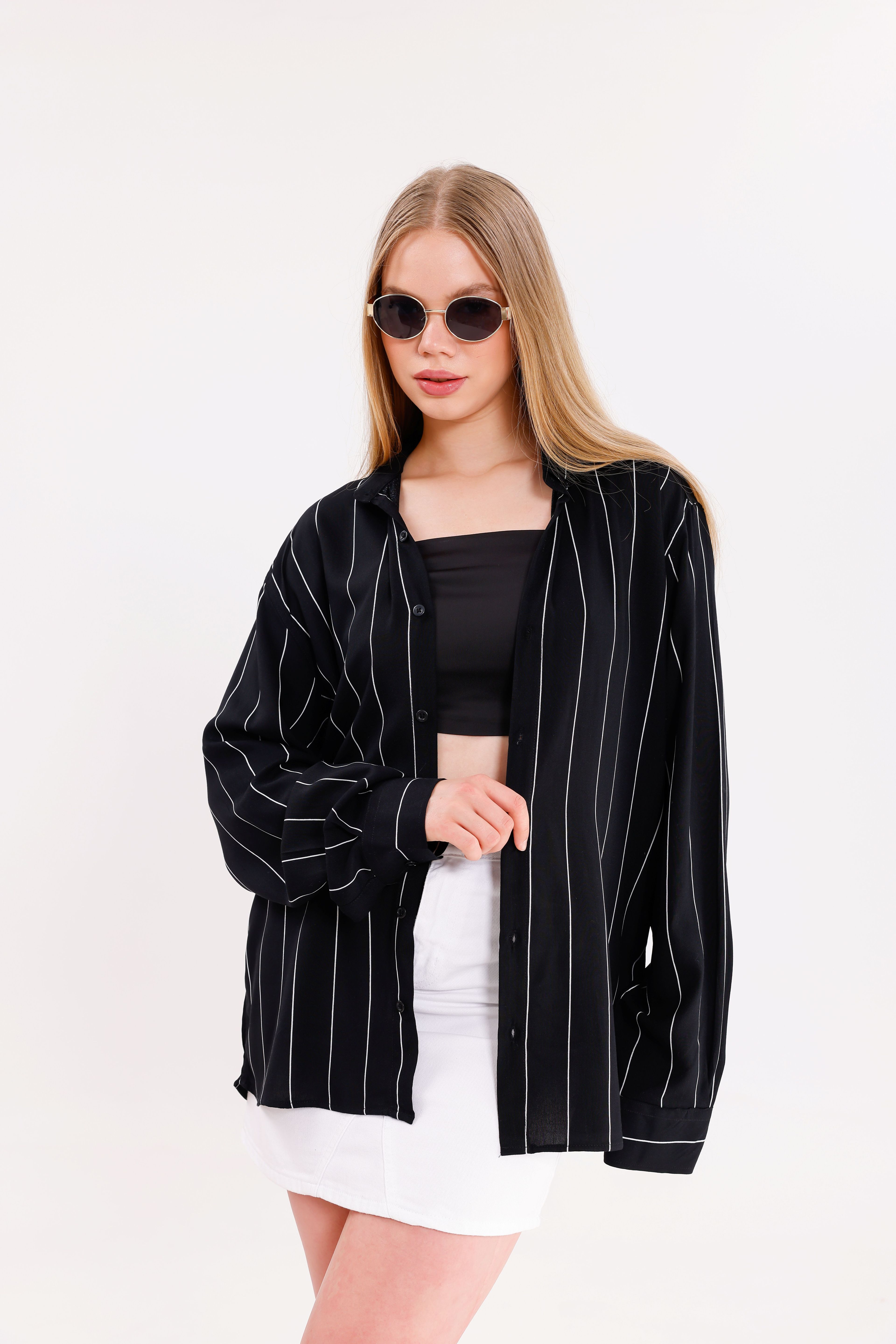 Uzun Kollu Siyah Beyaz Çizgili Oversize Unisex Gömlek