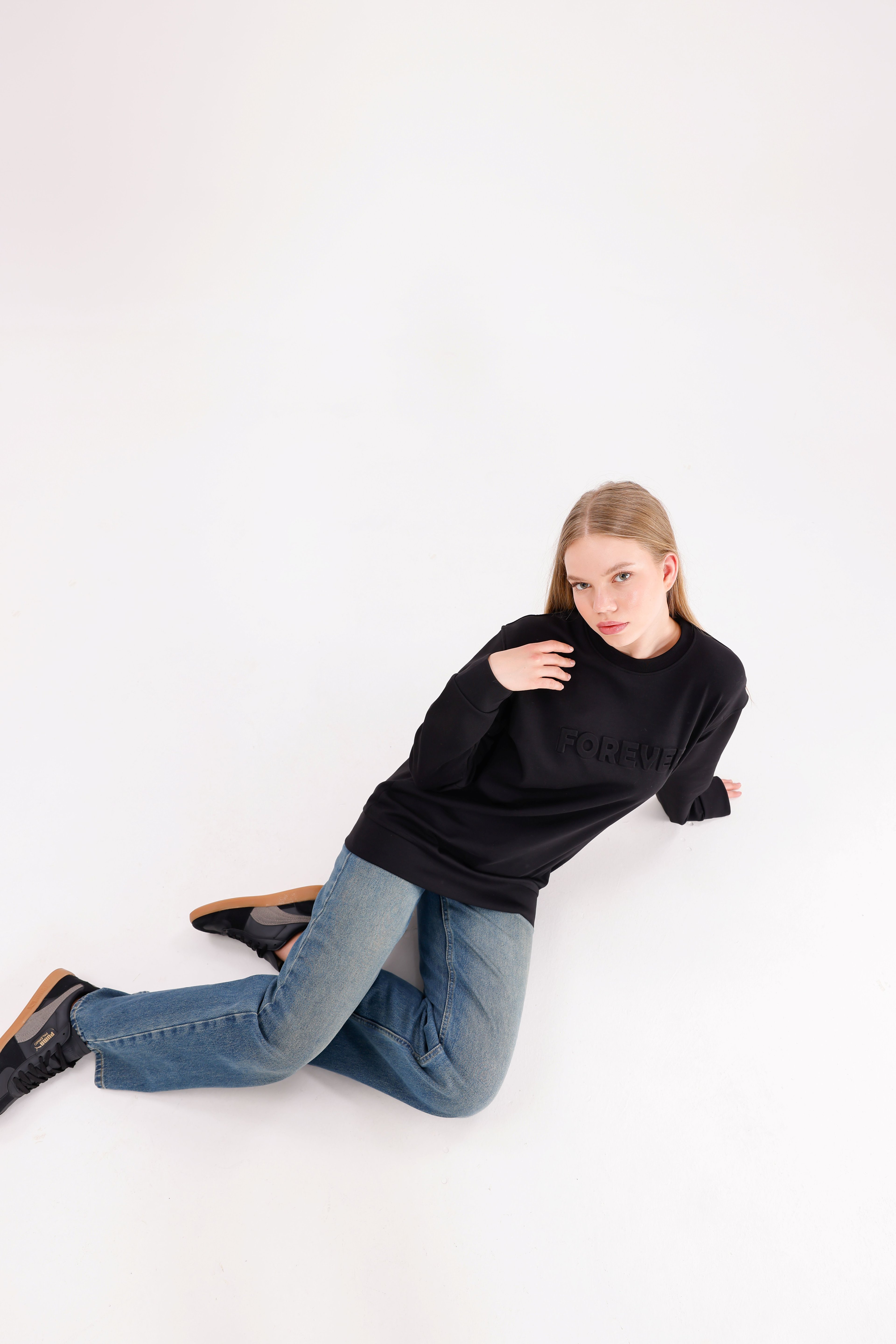  Oversize Unisex Forever Siyah Bisiklet yaka Sweatshirt