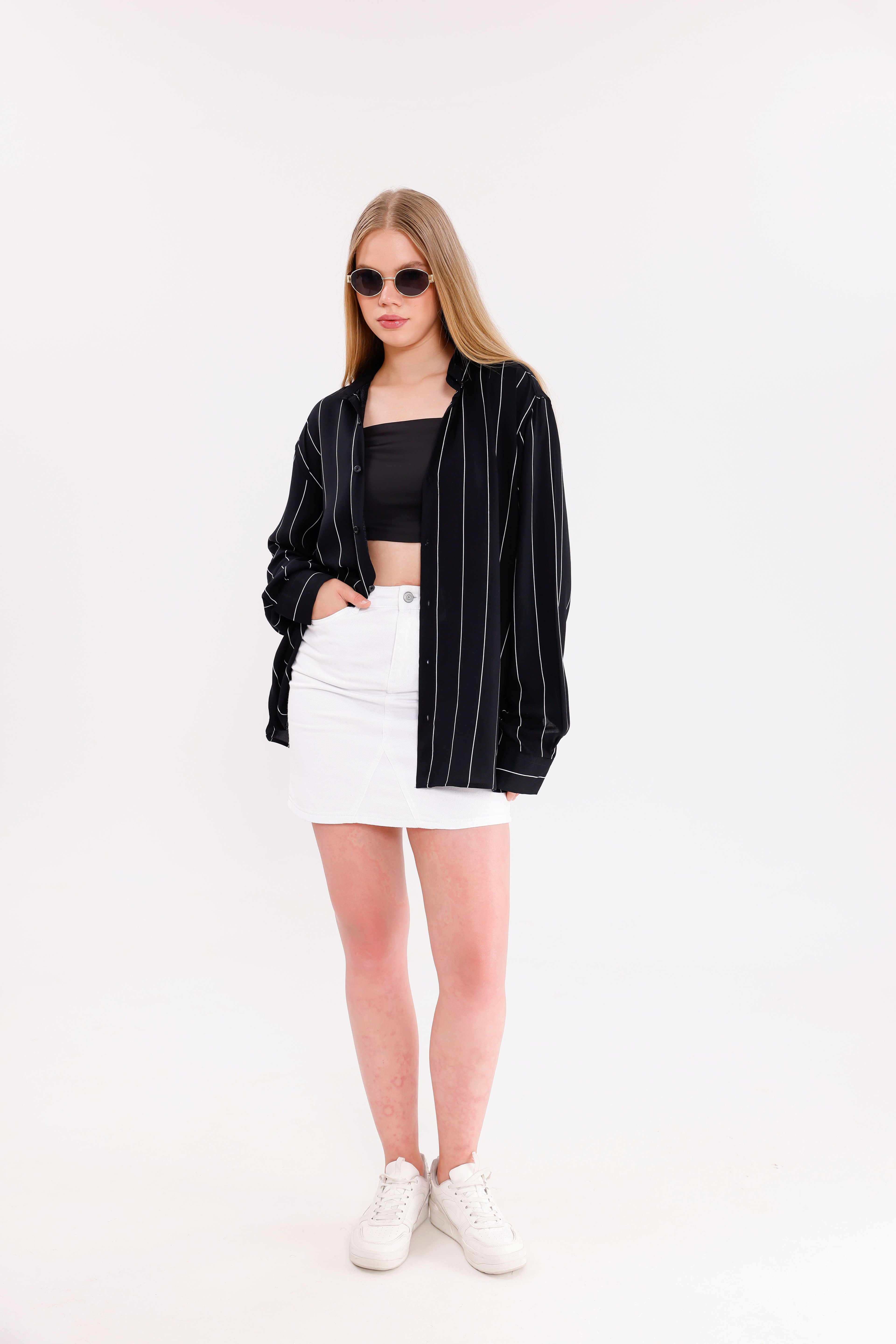 Uzun Kollu Siyah Beyaz Çizgili Oversize Unisex Gömlek