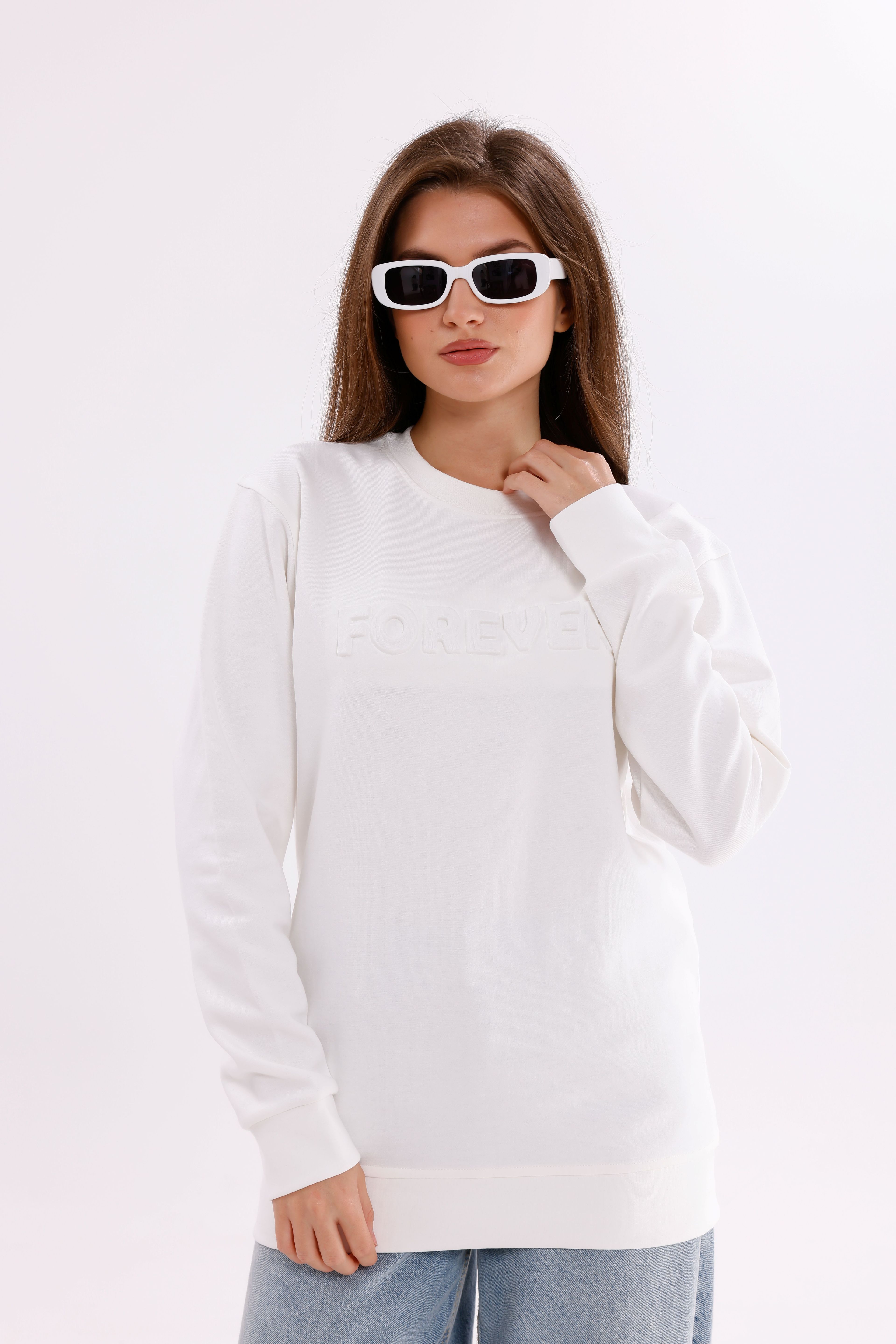 Oversize Unisex Beyaz Forever Bisiklet Yaka Sweatshirt