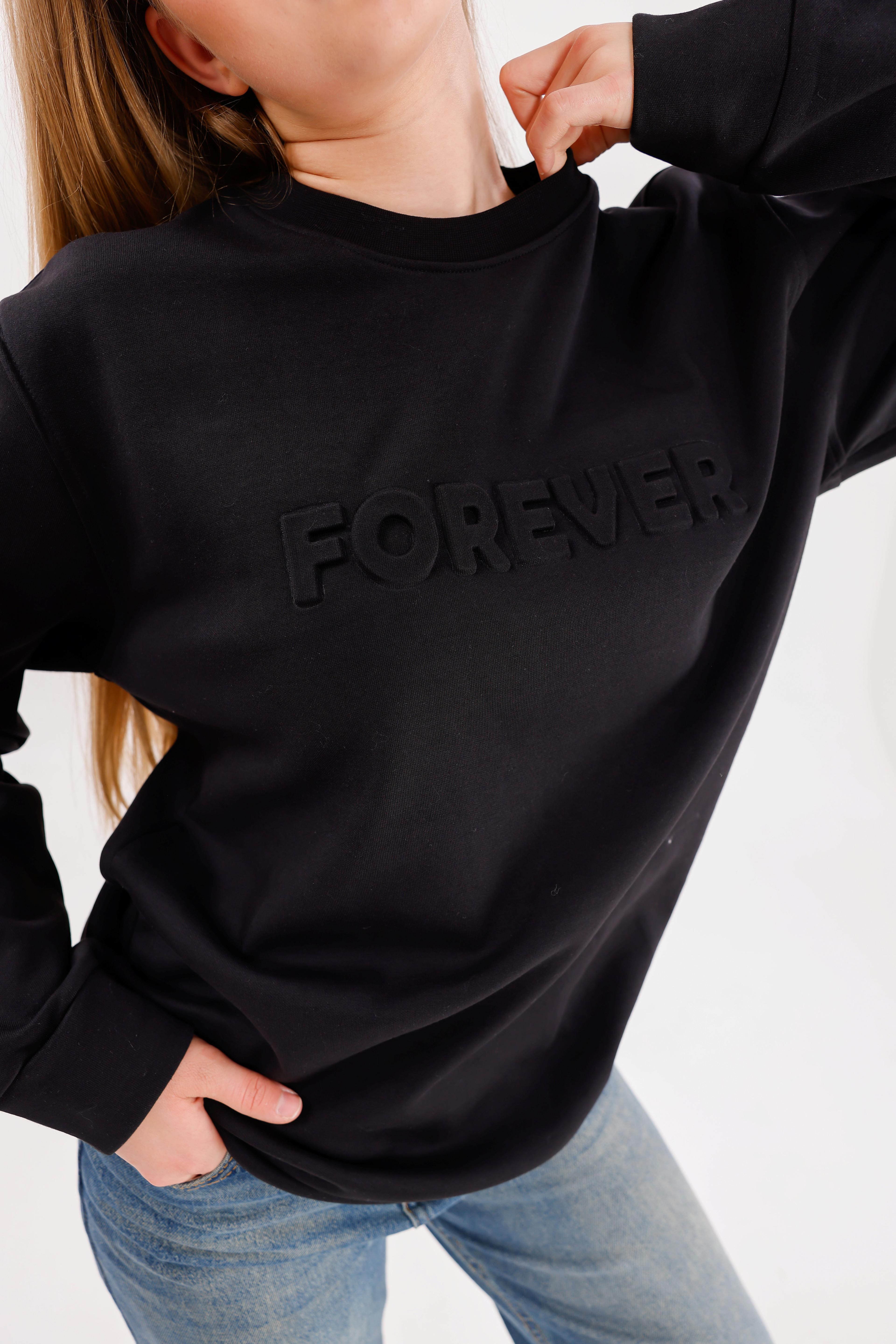  Oversize Unisex Forever Siyah Bisiklet yaka Sweatshirt