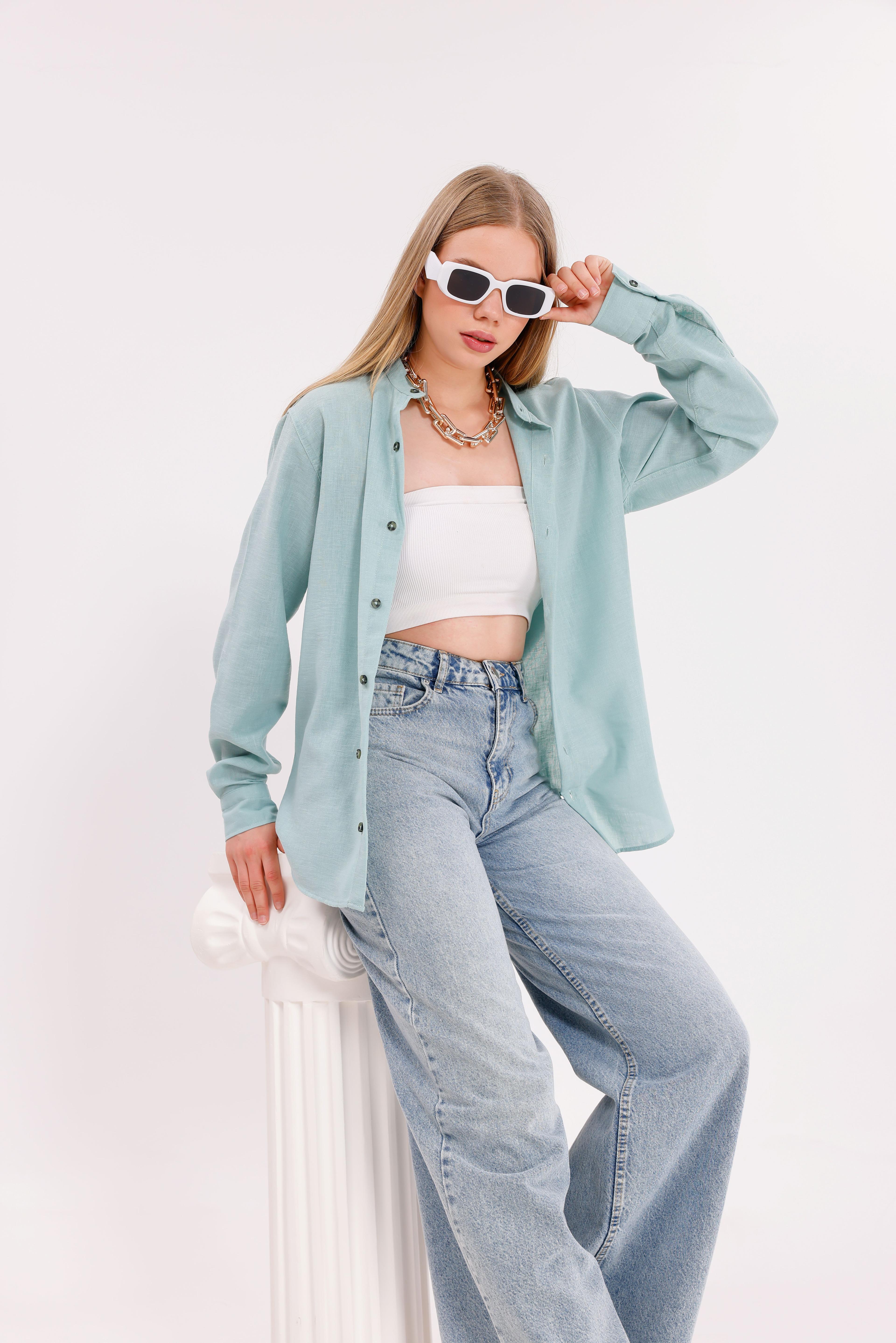 Uzun Kollu Su Mavisi Oversize Unisex Gömlek