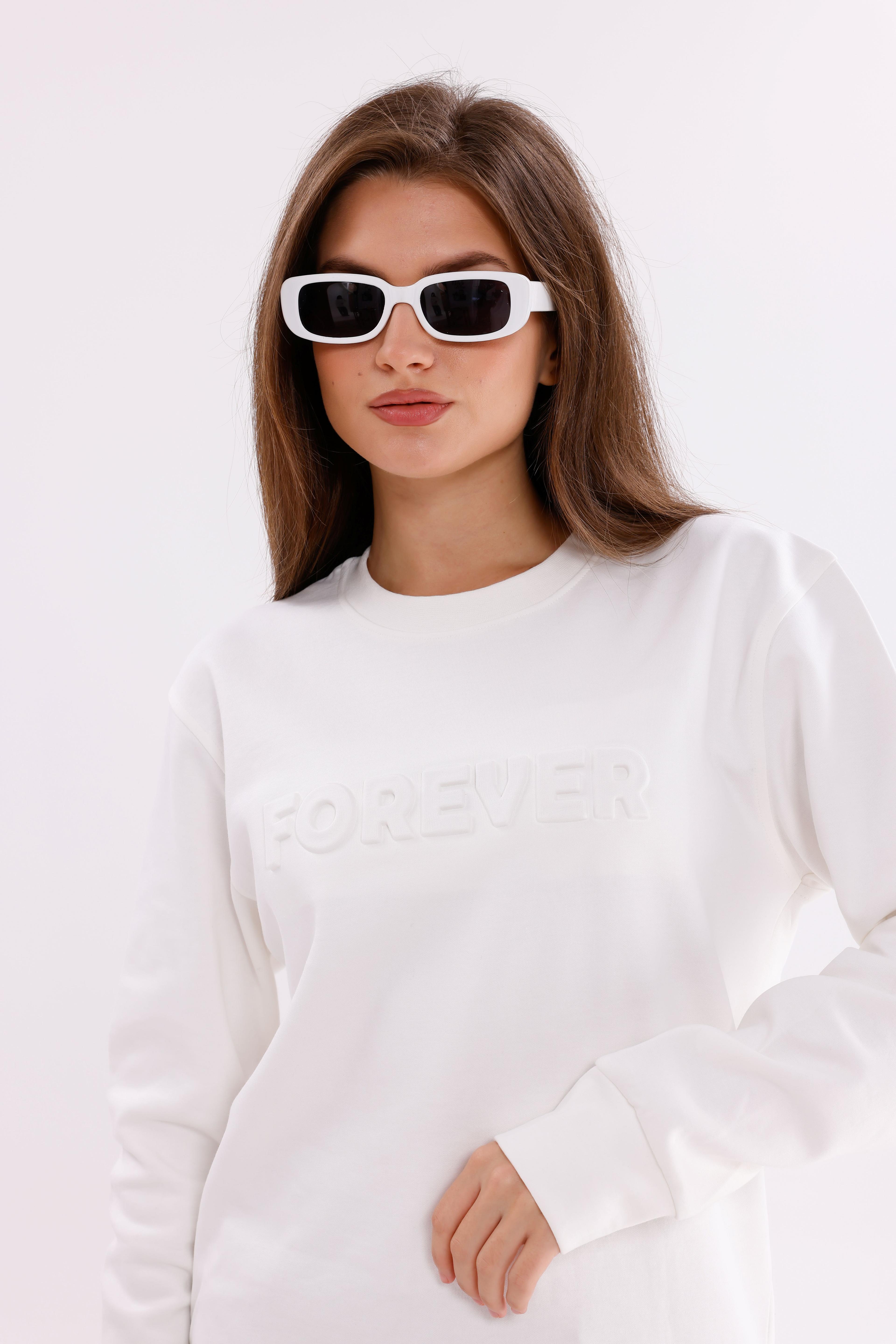 Oversize Unisex Beyaz Forever Bisiklet Yaka Sweatshirt