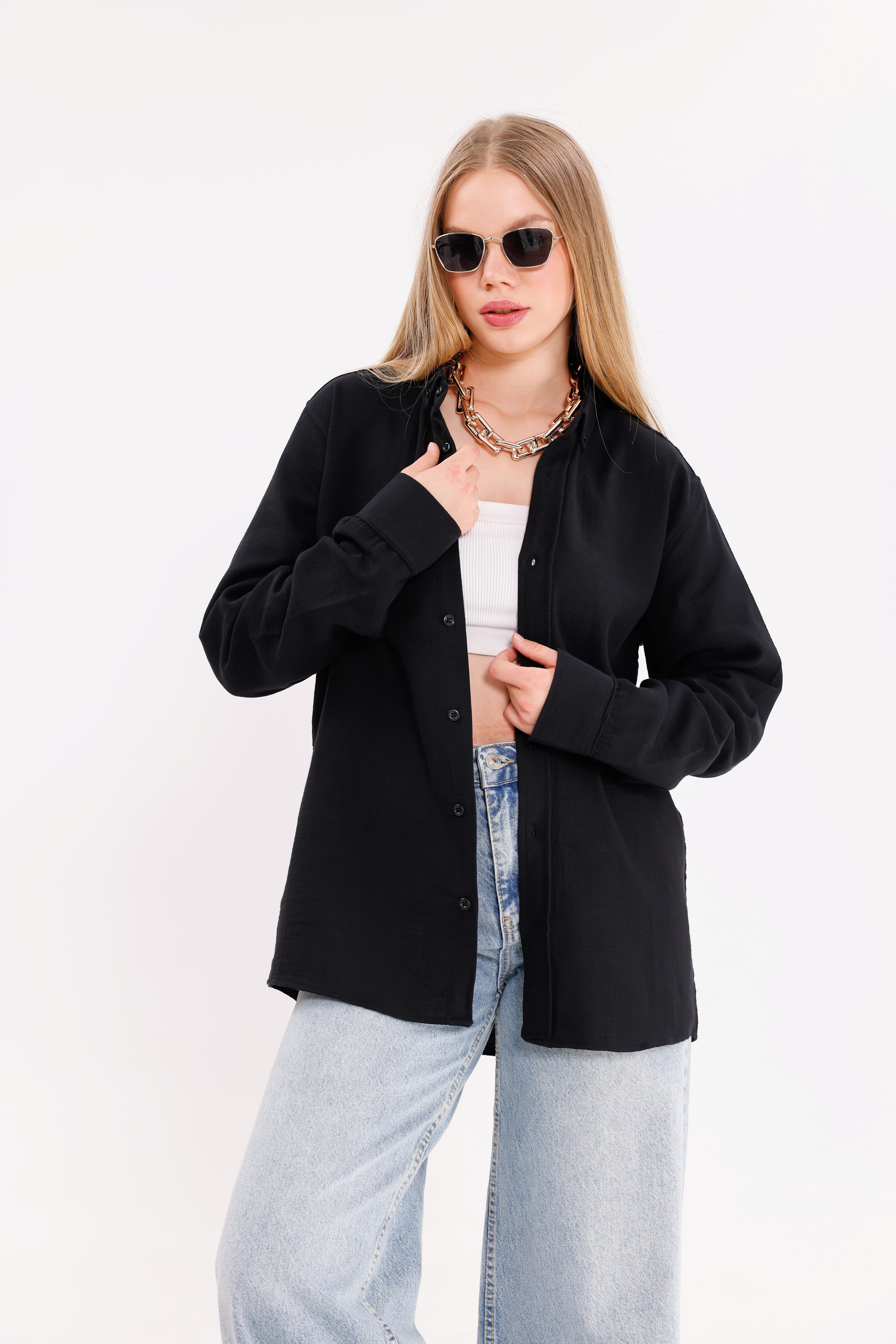 Oversize Siyah Uzun Kollu Rahat Kullanım Unisex Gömlek