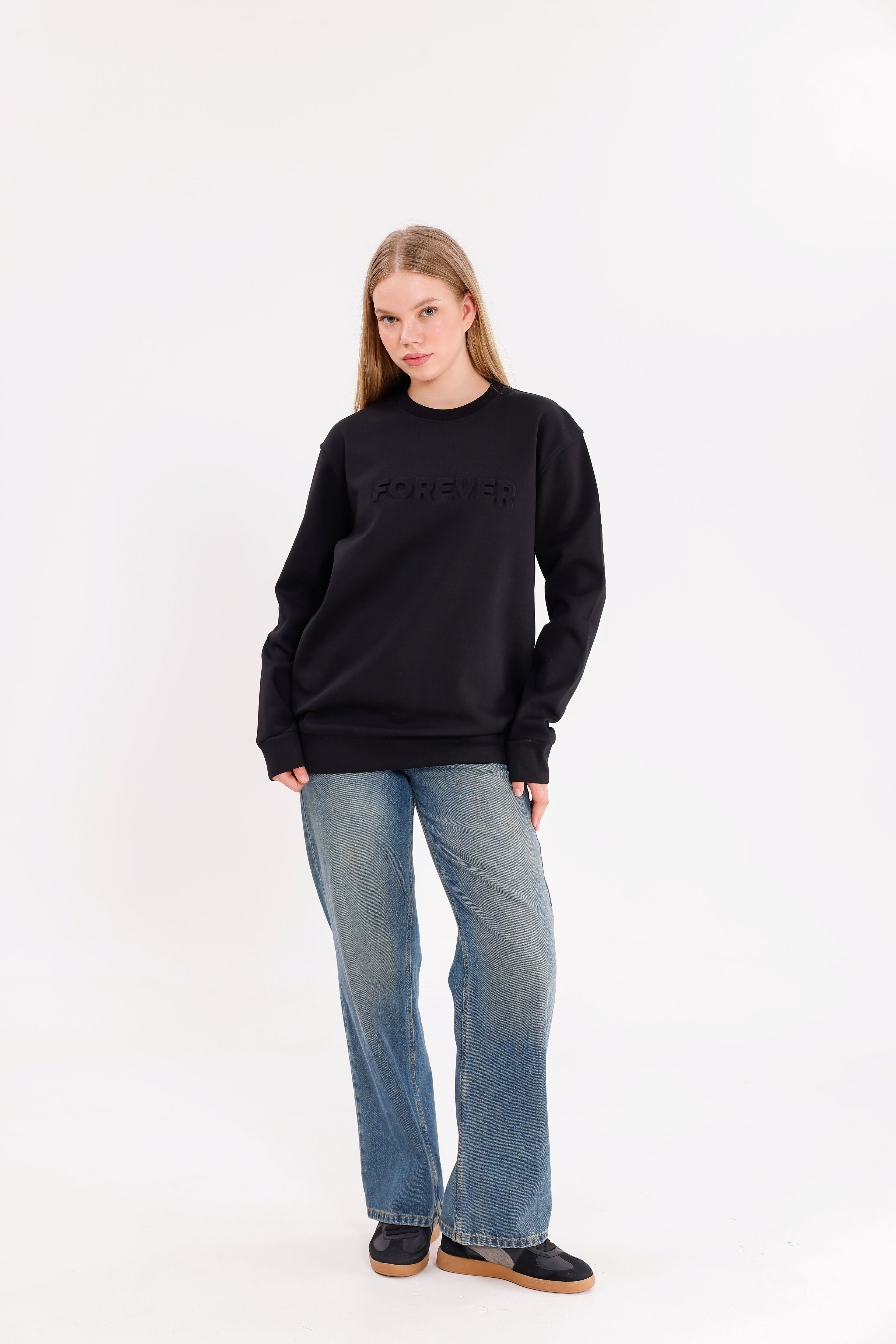  Oversize Unisex Forever Siyah Bisiklet yaka Sweatshirt