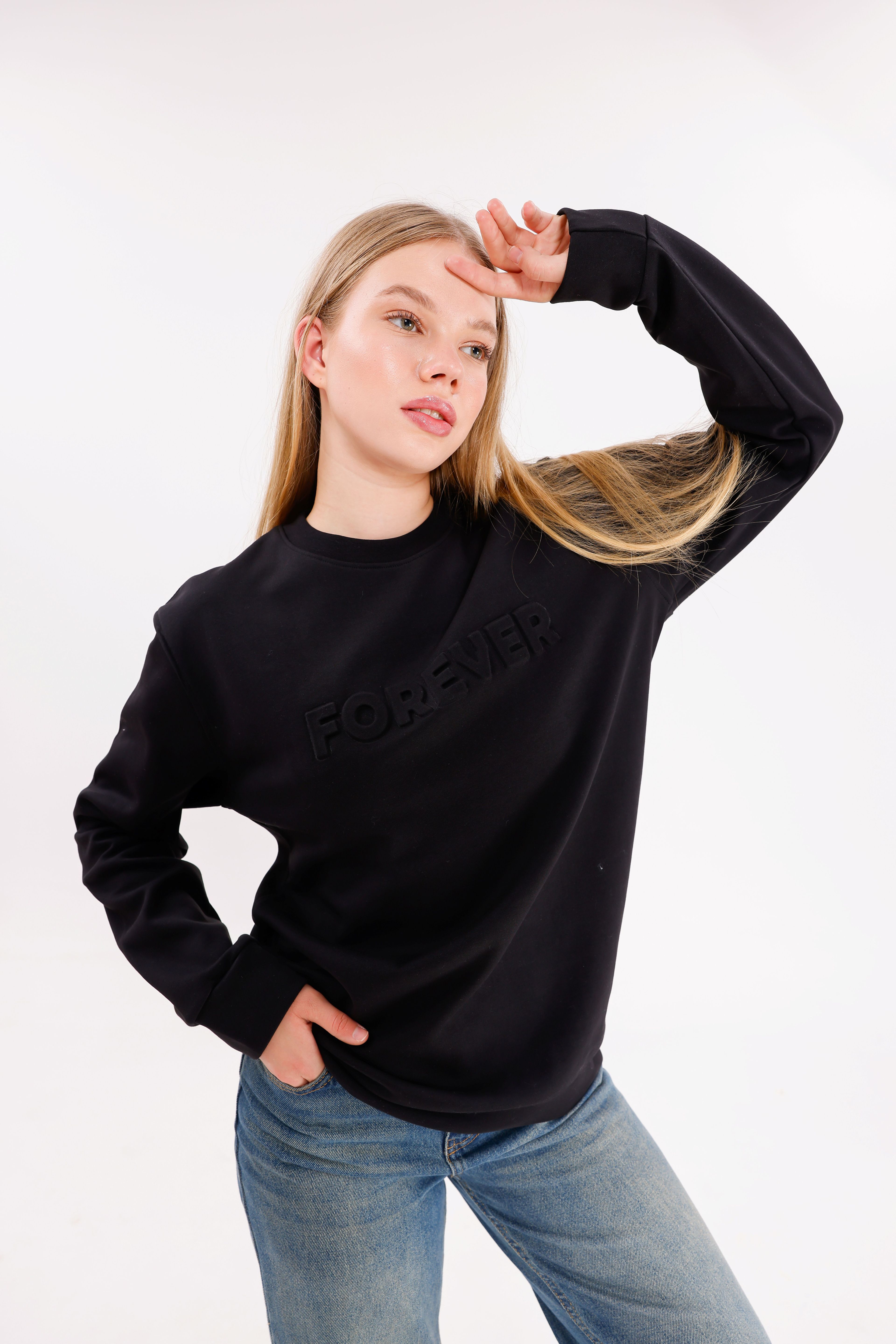  Oversize Unisex Forever Siyah Bisiklet yaka Sweatshirt