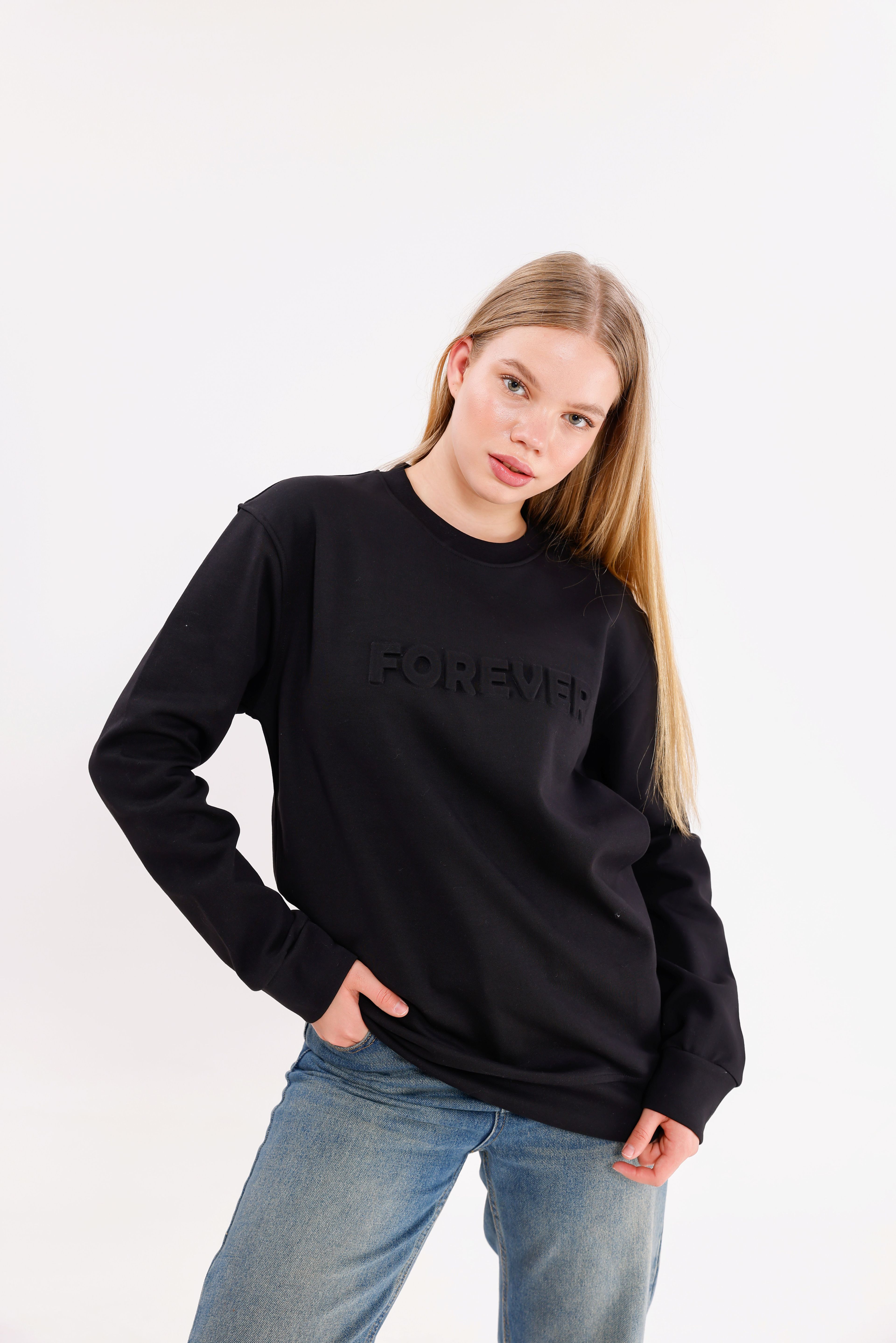  Oversize Unisex Forever Siyah Bisiklet yaka Sweatshirt