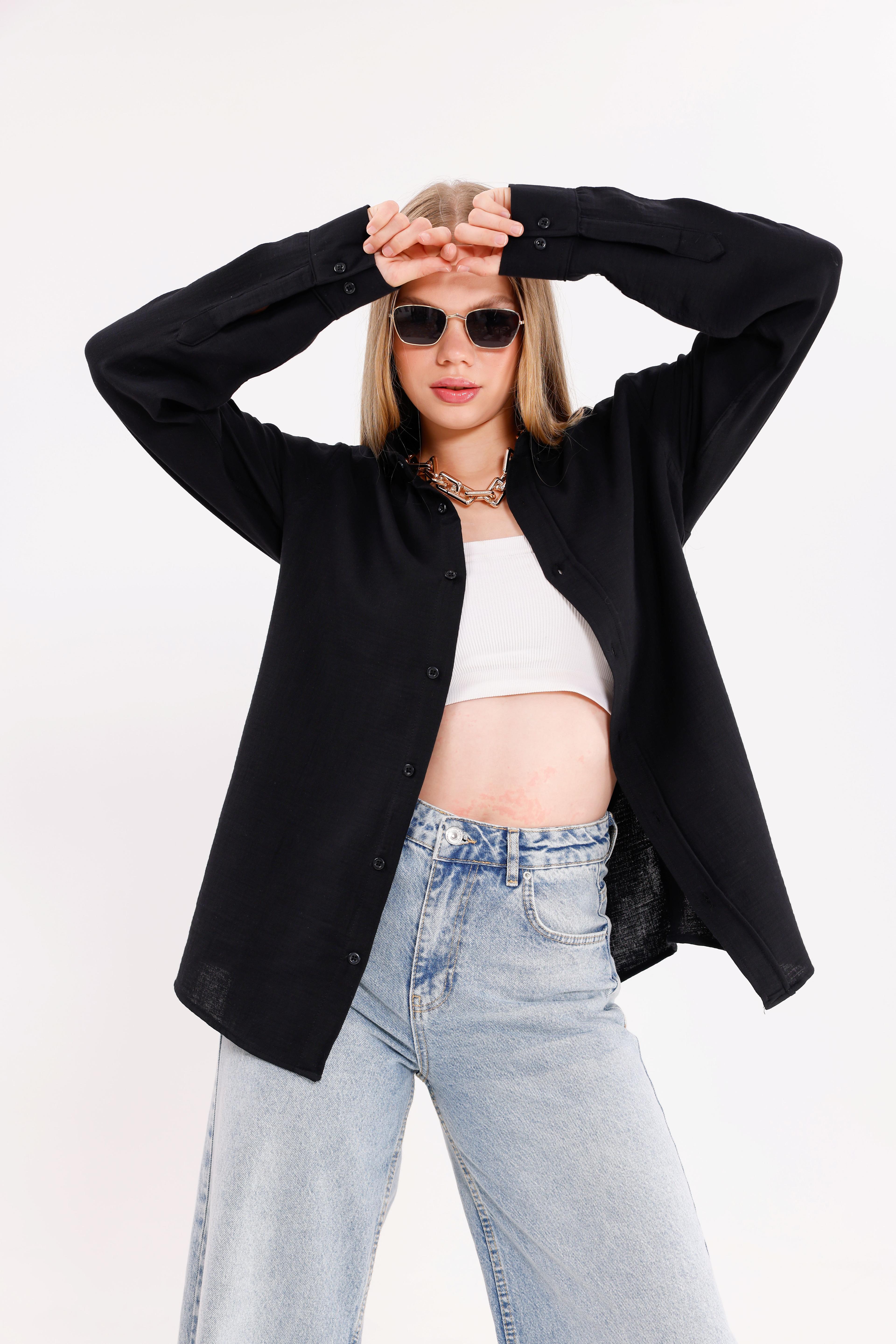Oversize Siyah Uzun Kollu Rahat Kullanım Unisex Gömlek