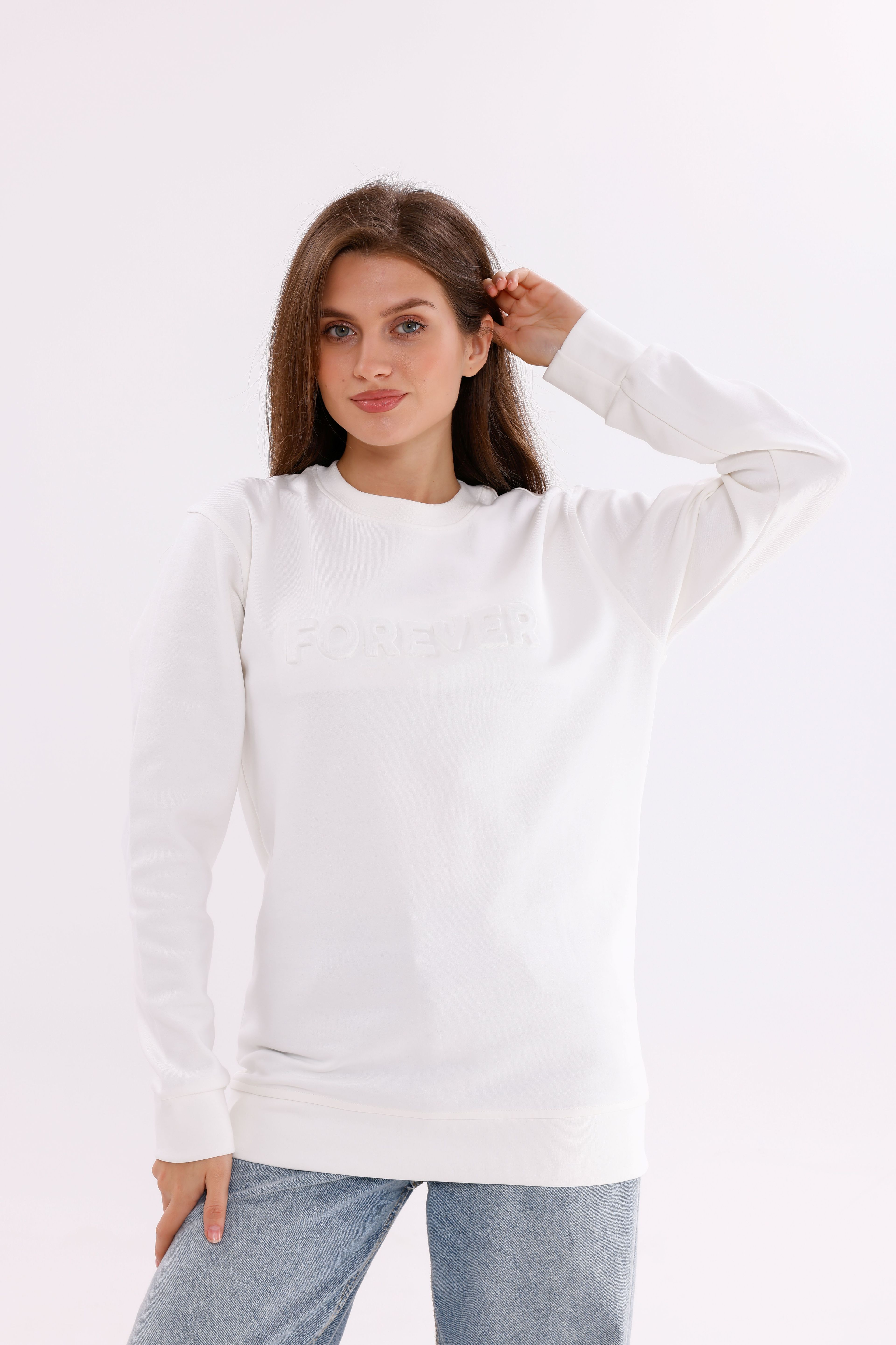 Oversize Unisex Beyaz Forever Bisiklet Yaka Sweatshirt