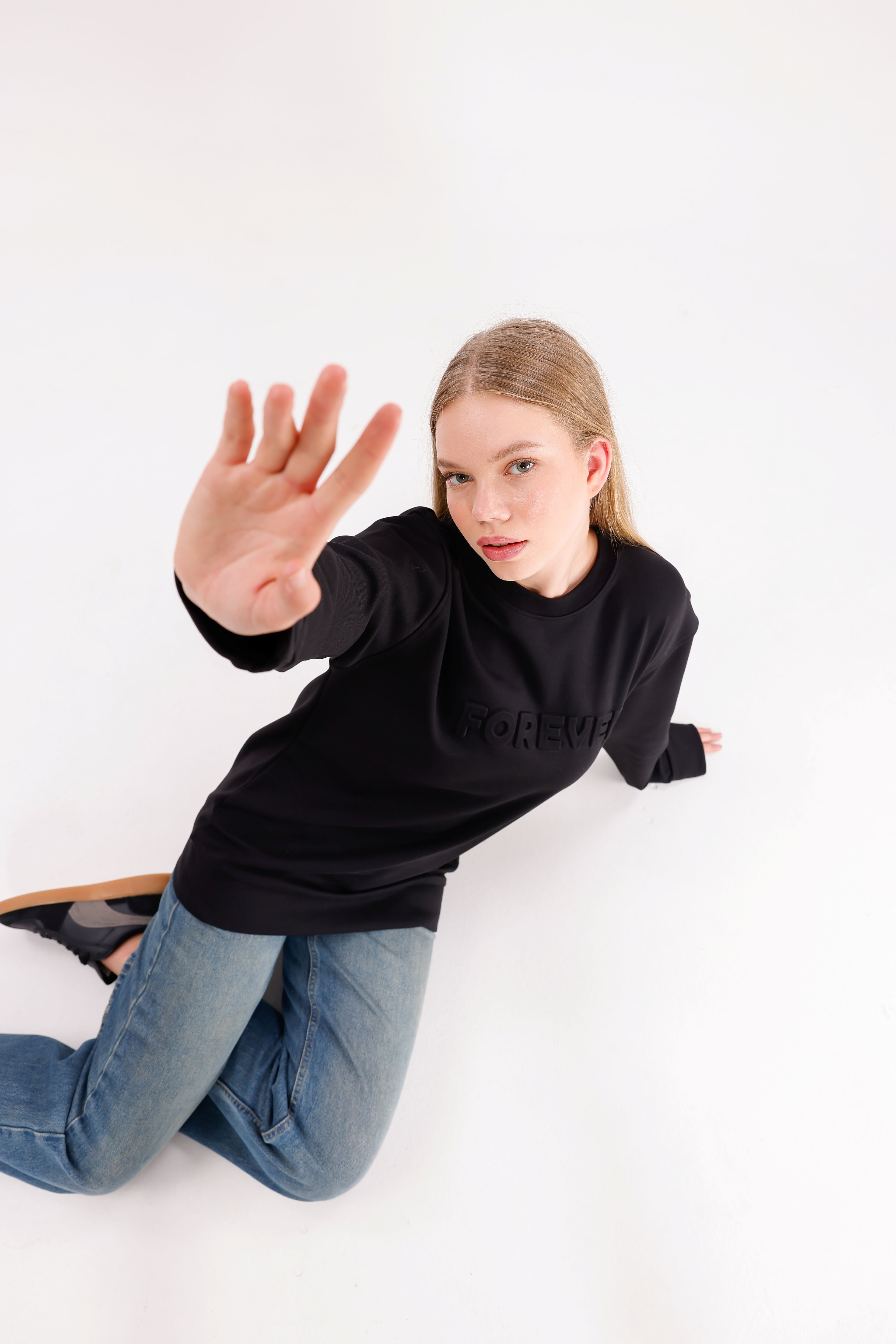  Oversize Unisex Forever Siyah Bisiklet yaka Sweatshirt
