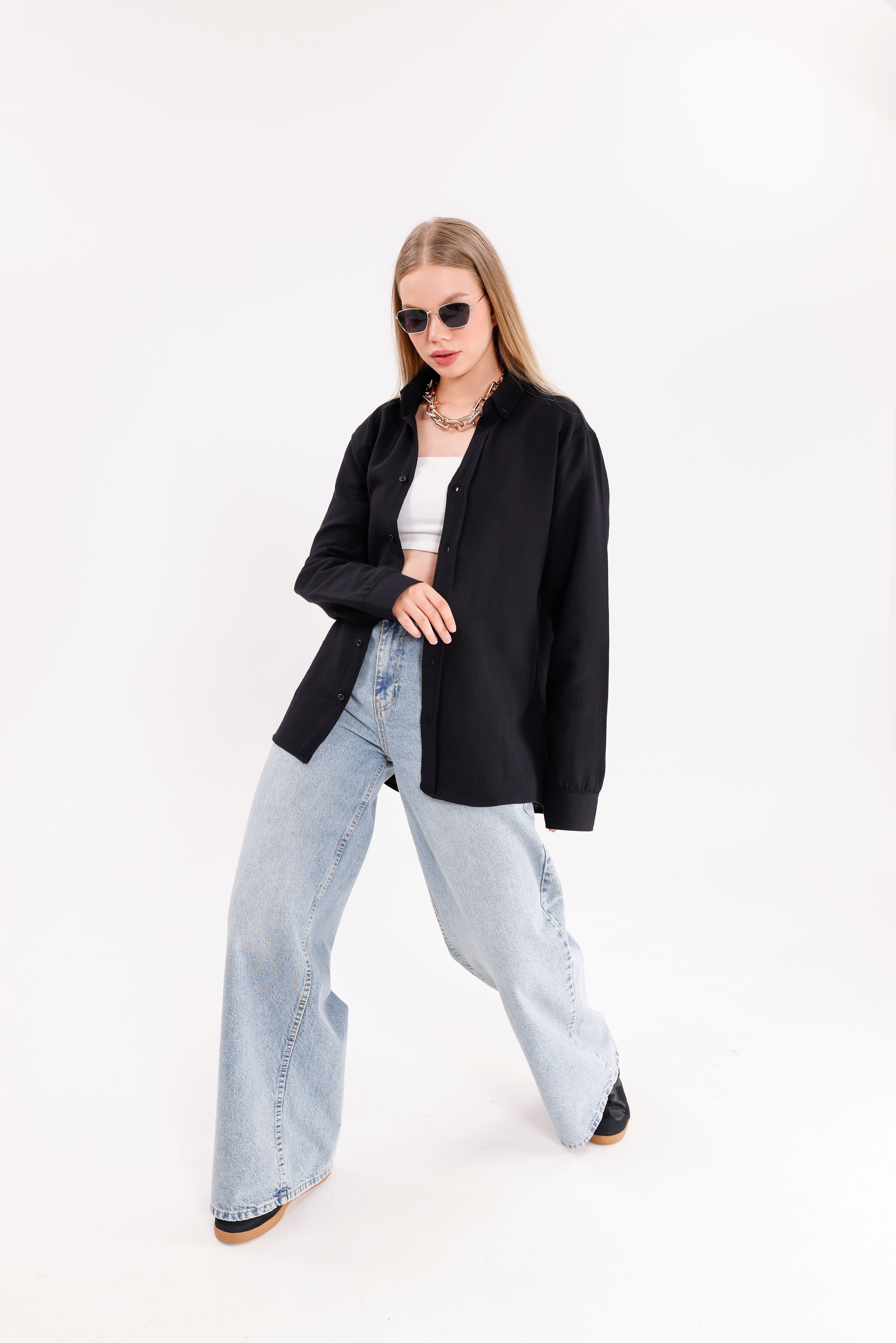 Oversize Siyah Uzun Kollu Rahat Kullanım Unisex Gömlek
