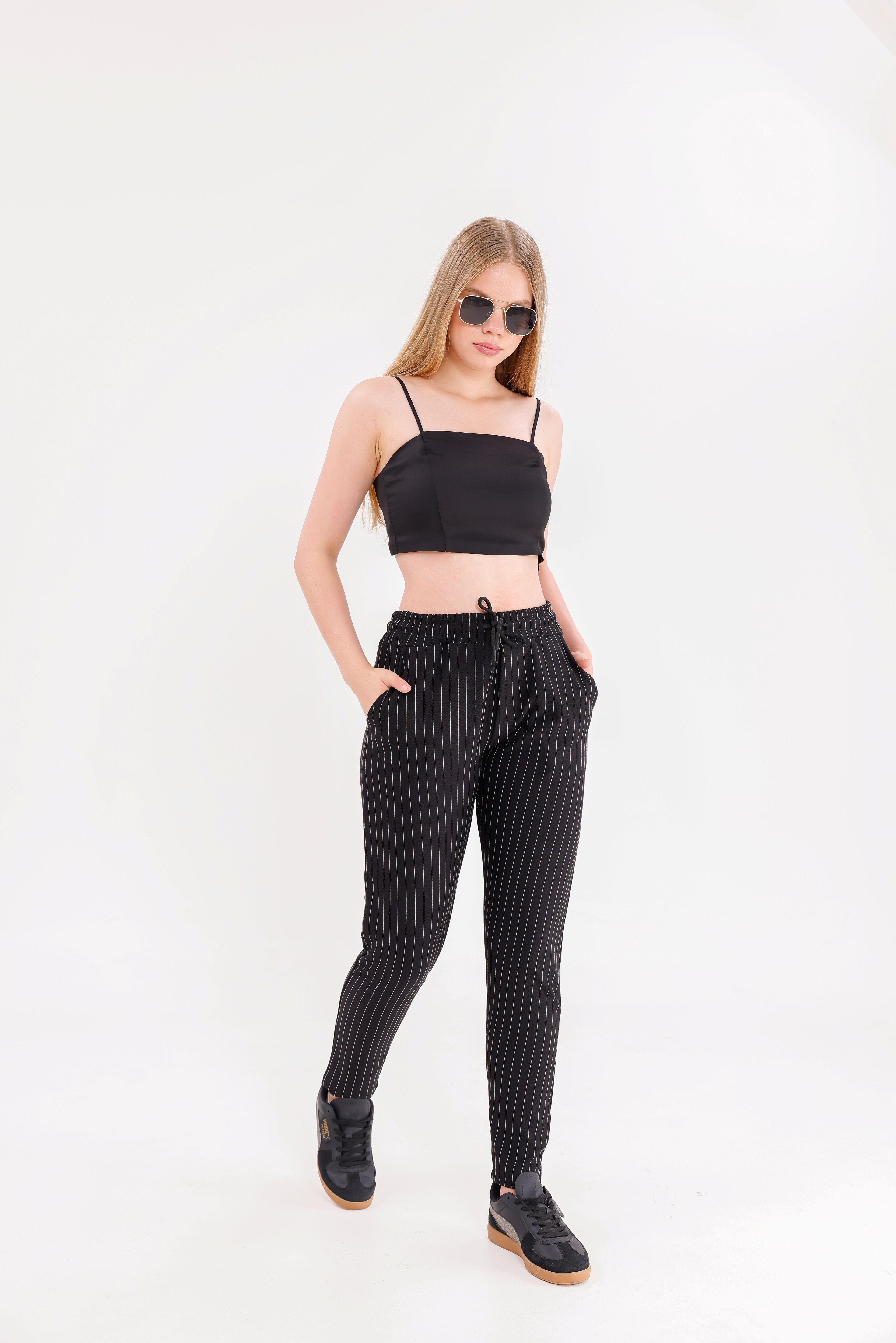 Unisex Siyah Beyaz Cizgili Eşofman