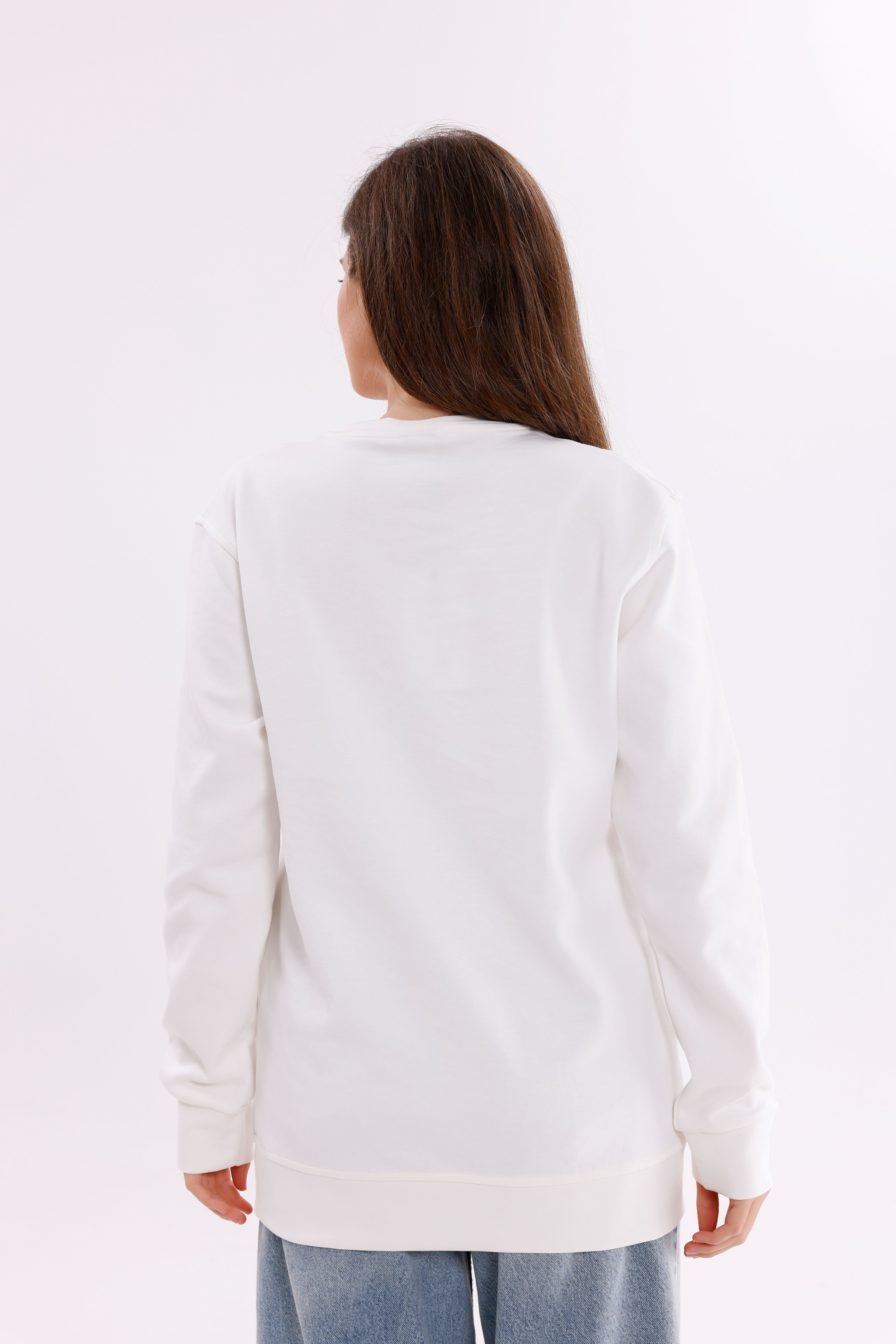 Oversize Unisex Beyaz Forever Bisiklet Yaka Sweatshirt