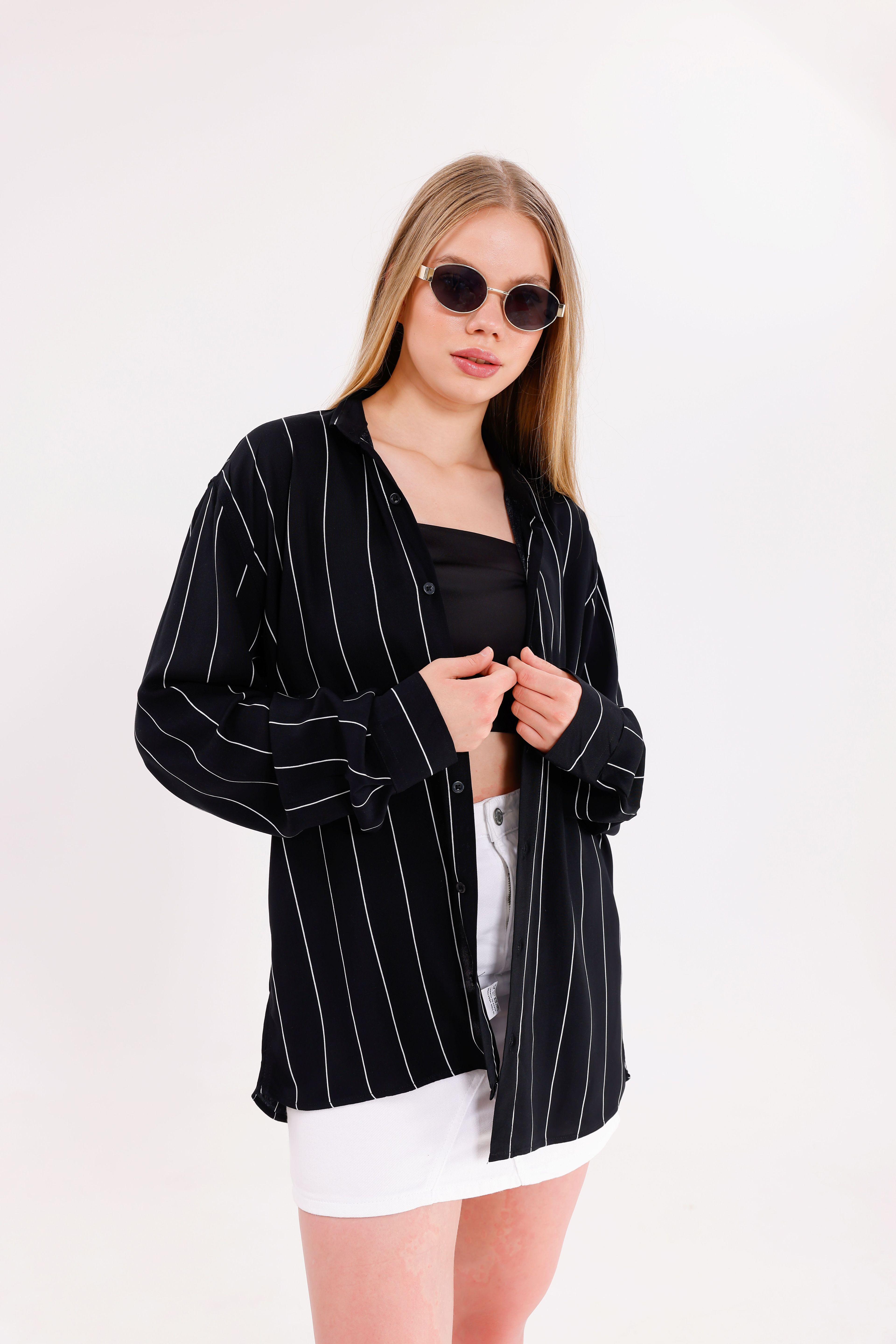 Uzun Kollu Siyah Beyaz Çizgili Oversize Unisex Gömlek