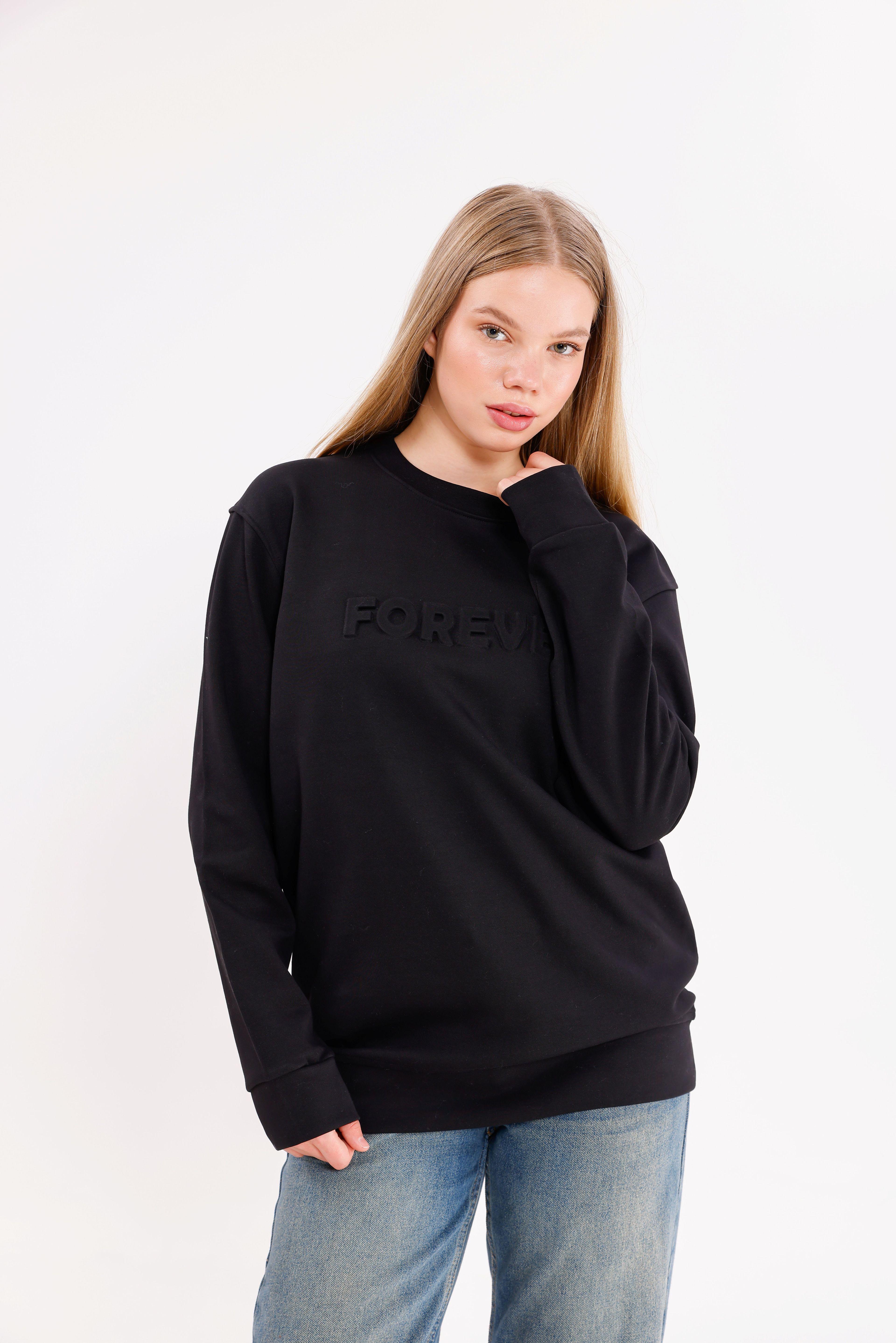  Oversize Unisex Forever Siyah Bisiklet yaka Sweatshirt