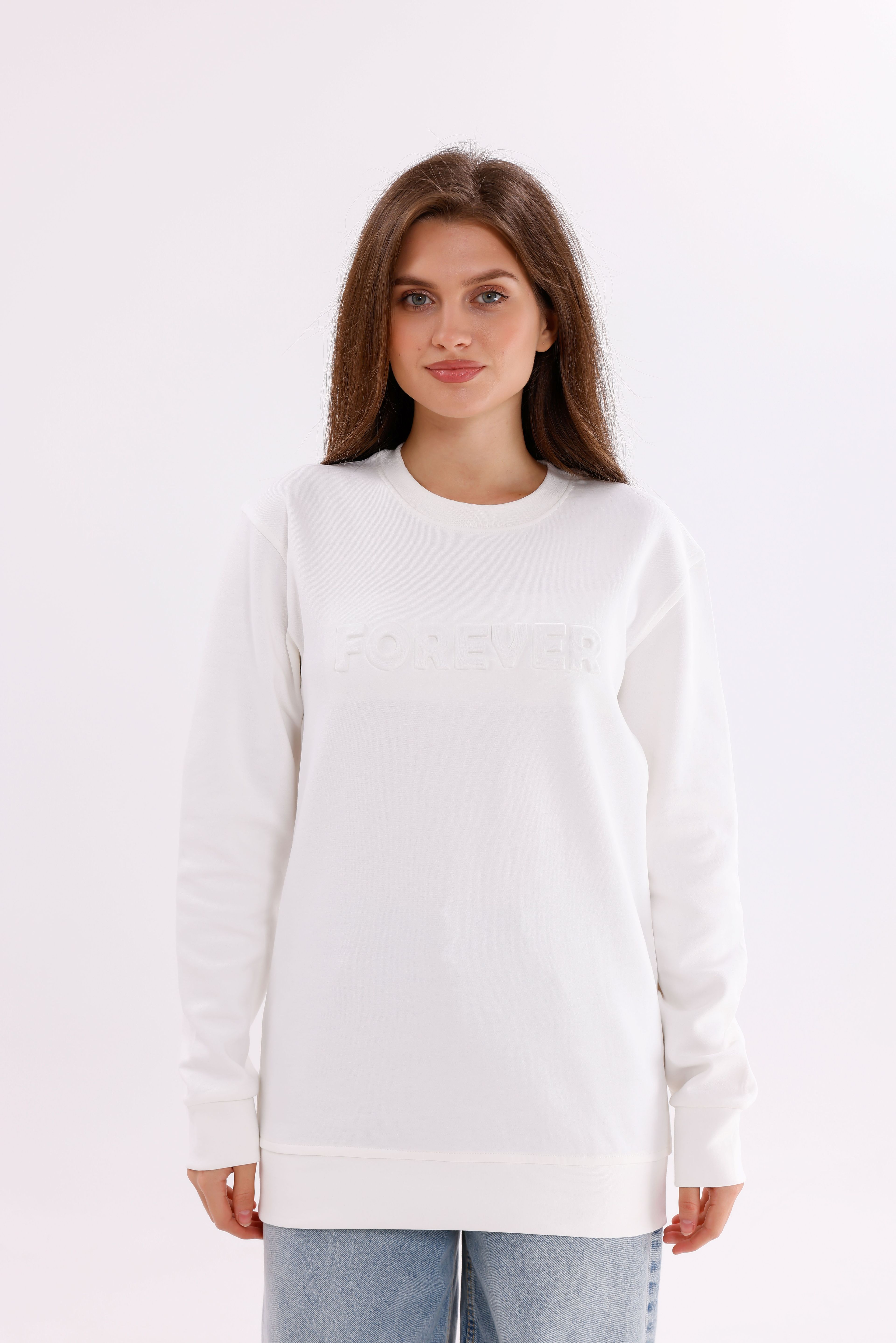 Oversize Unisex Beyaz Forever Bisiklet Yaka Sweatshirt
