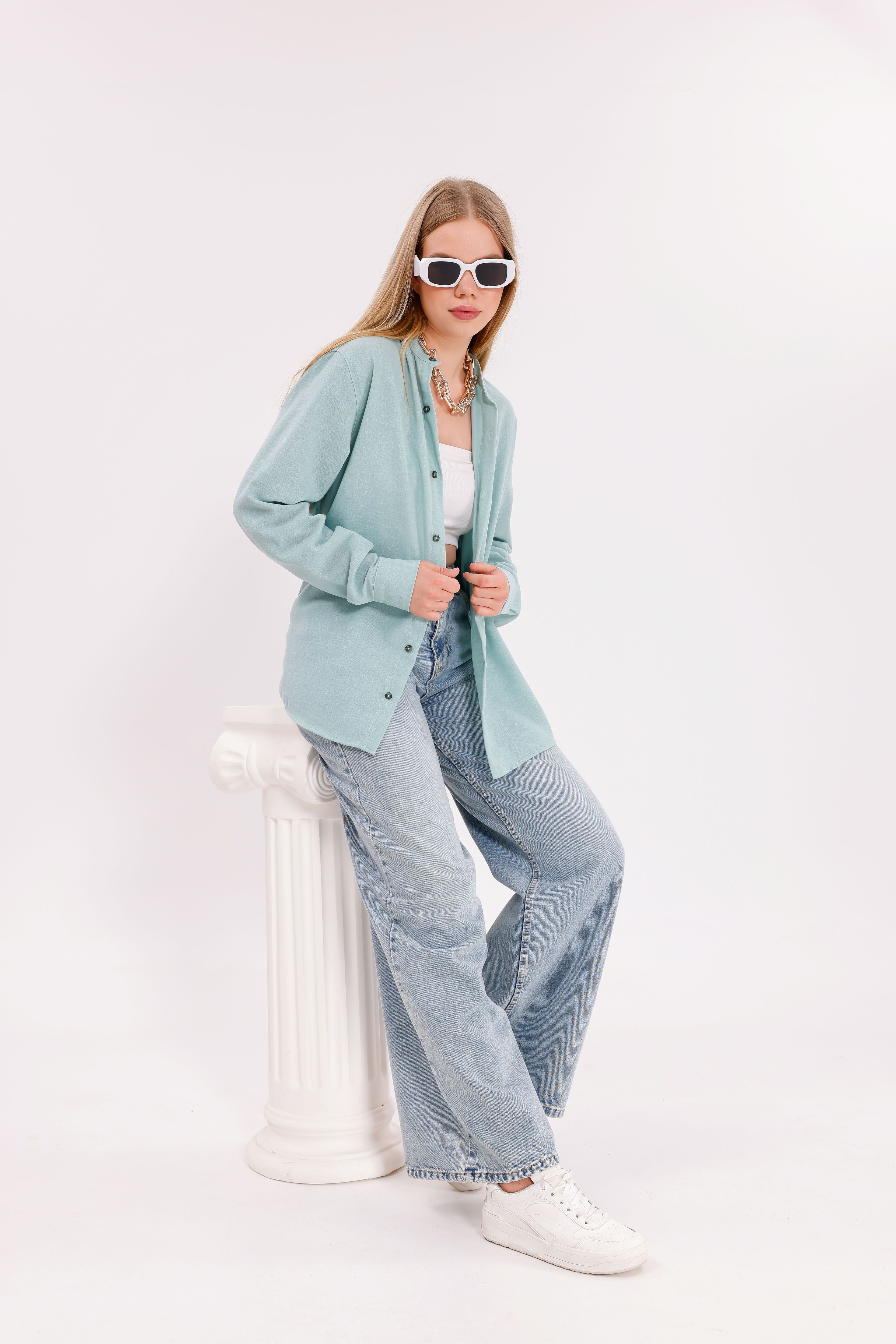 Uzun Kollu Su Mavisi Oversize Unisex Gömlek