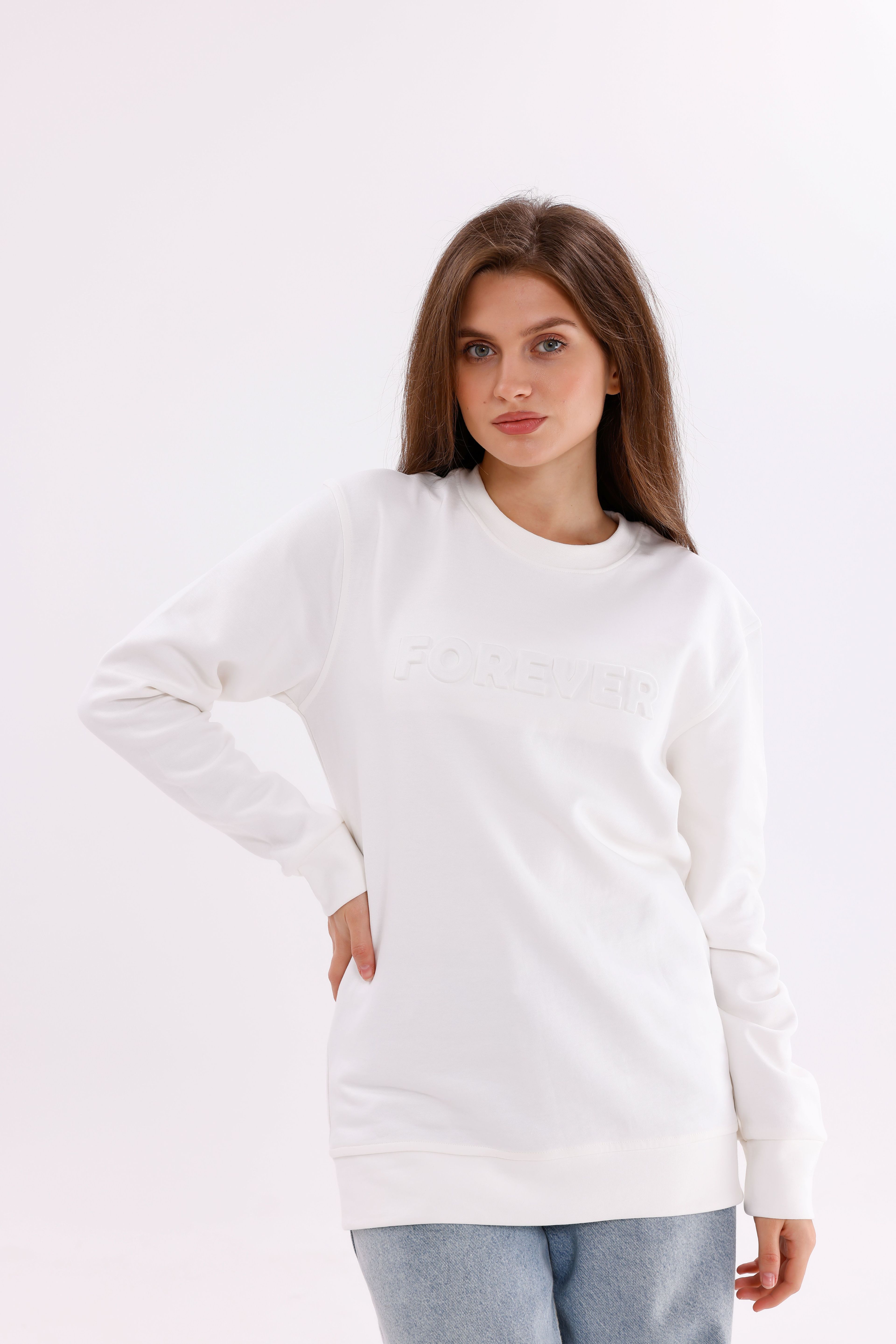 Oversize Unisex Beyaz Forever Bisiklet Yaka Sweatshirt