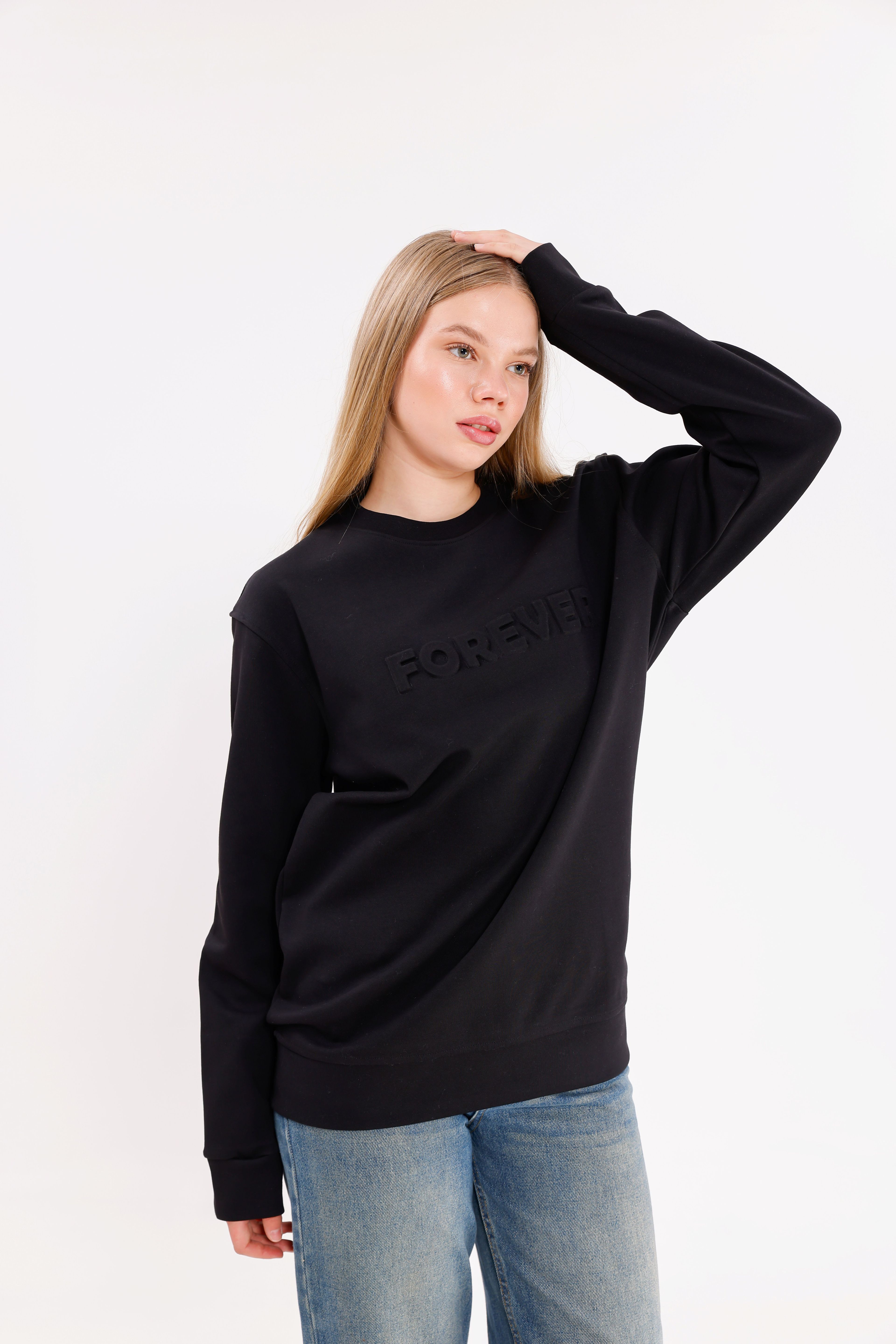  Oversize Unisex Forever Siyah Bisiklet yaka Sweatshirt
