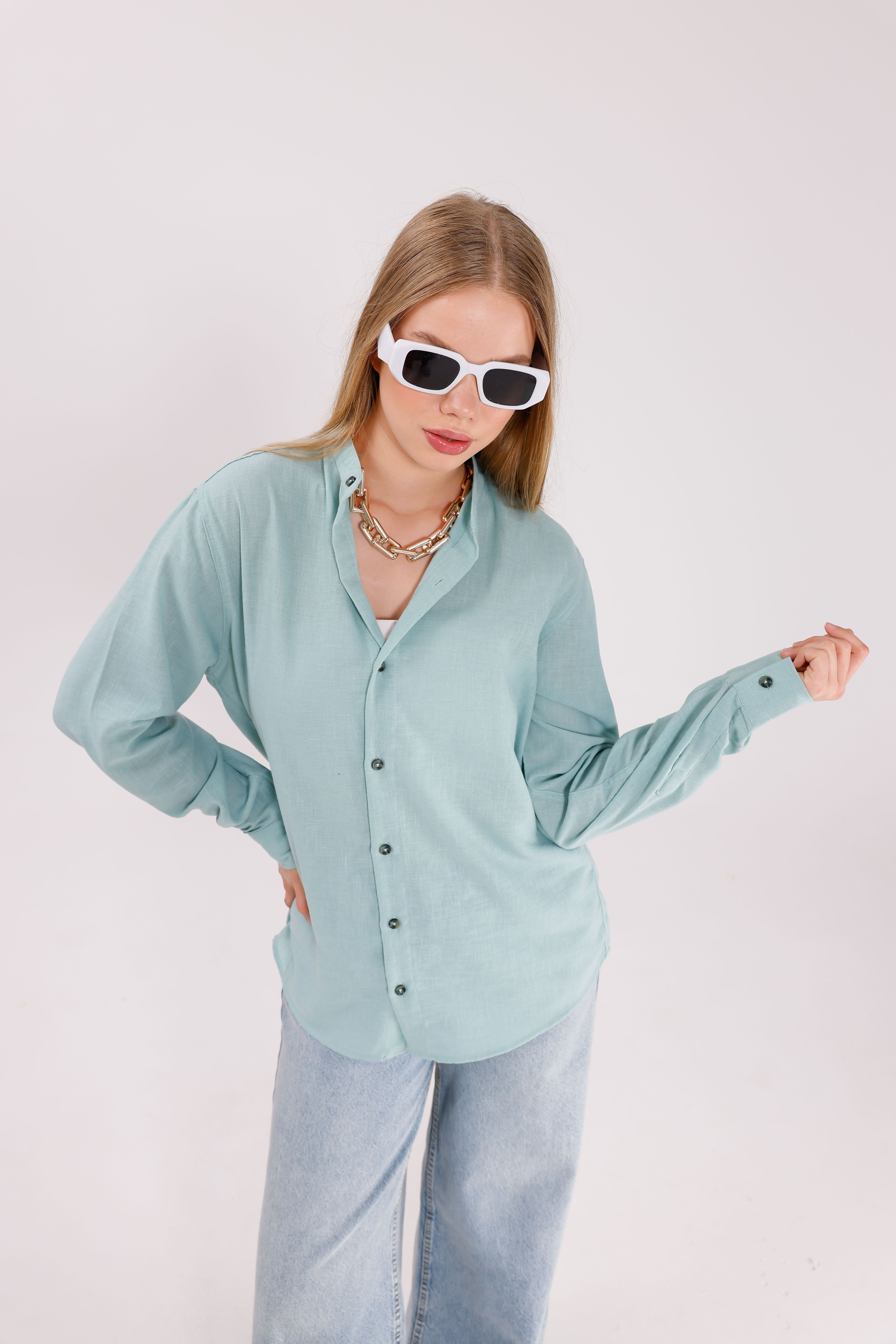 Uzun Kollu Su Mavisi Oversize Unisex Gömlek