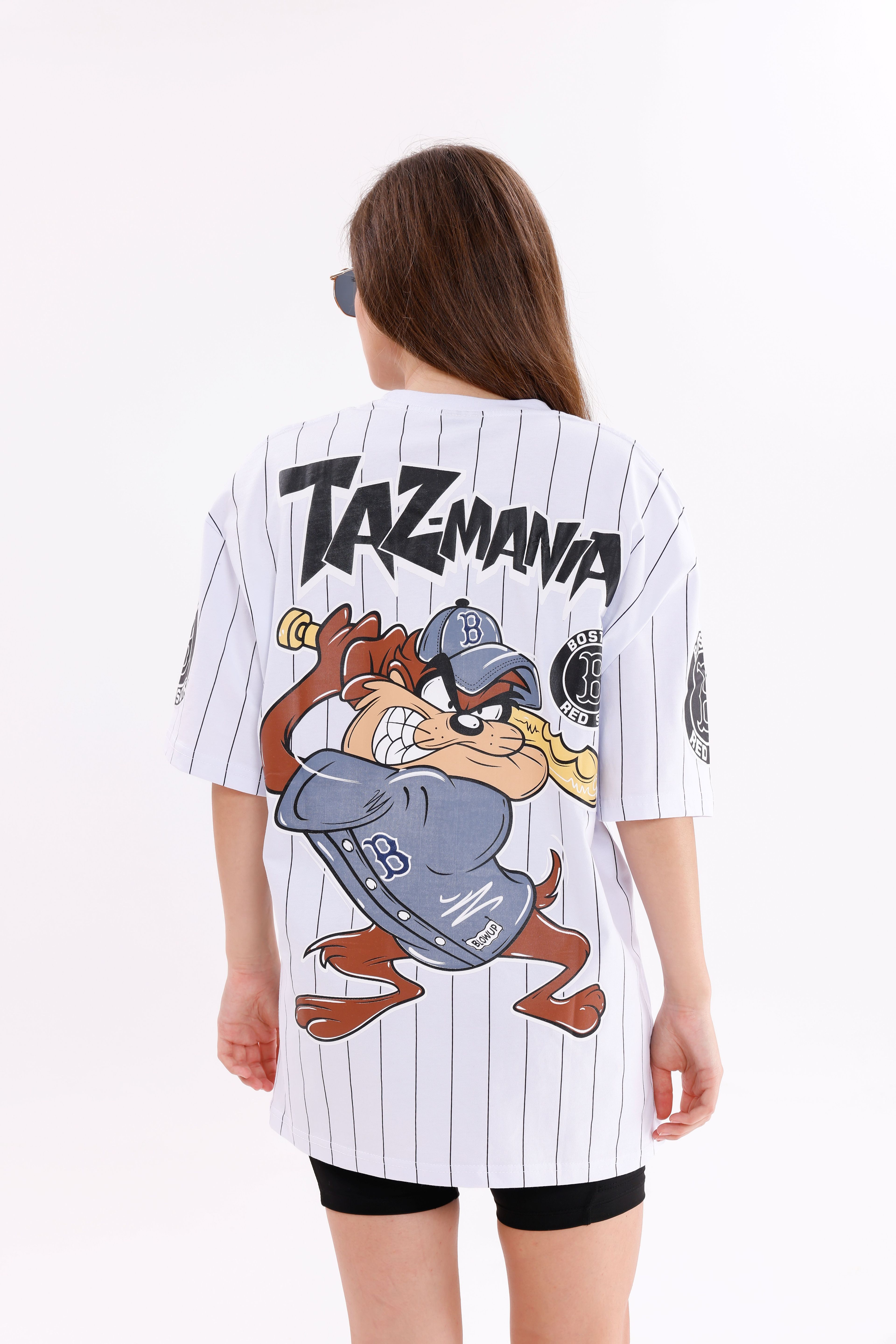 Oversize Unisex Kısa Kollu Bisiklet Yaka Tazmanya canavarı T-shirt