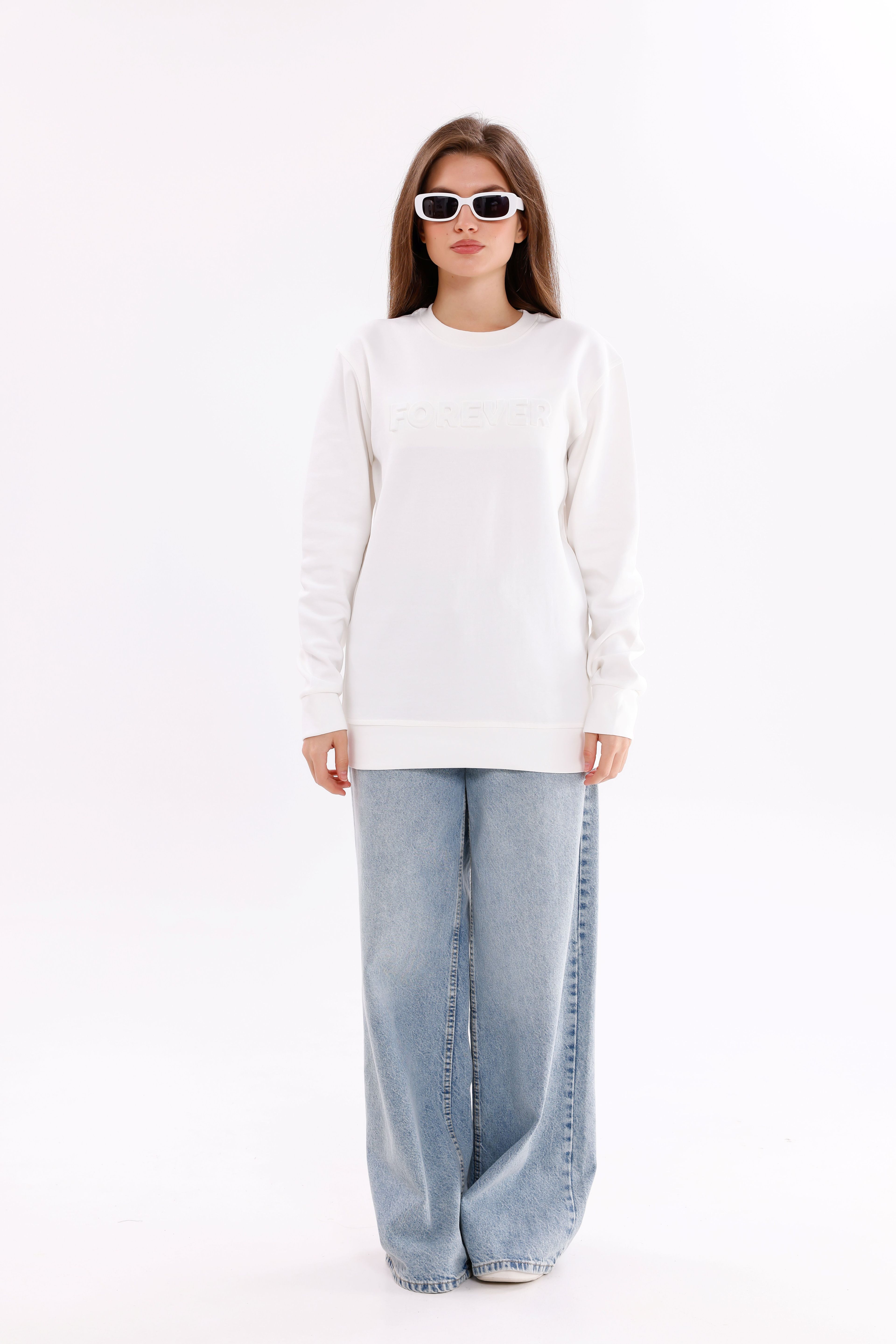 Oversize Unisex Beyaz Forever Bisiklet Yaka Sweatshirt