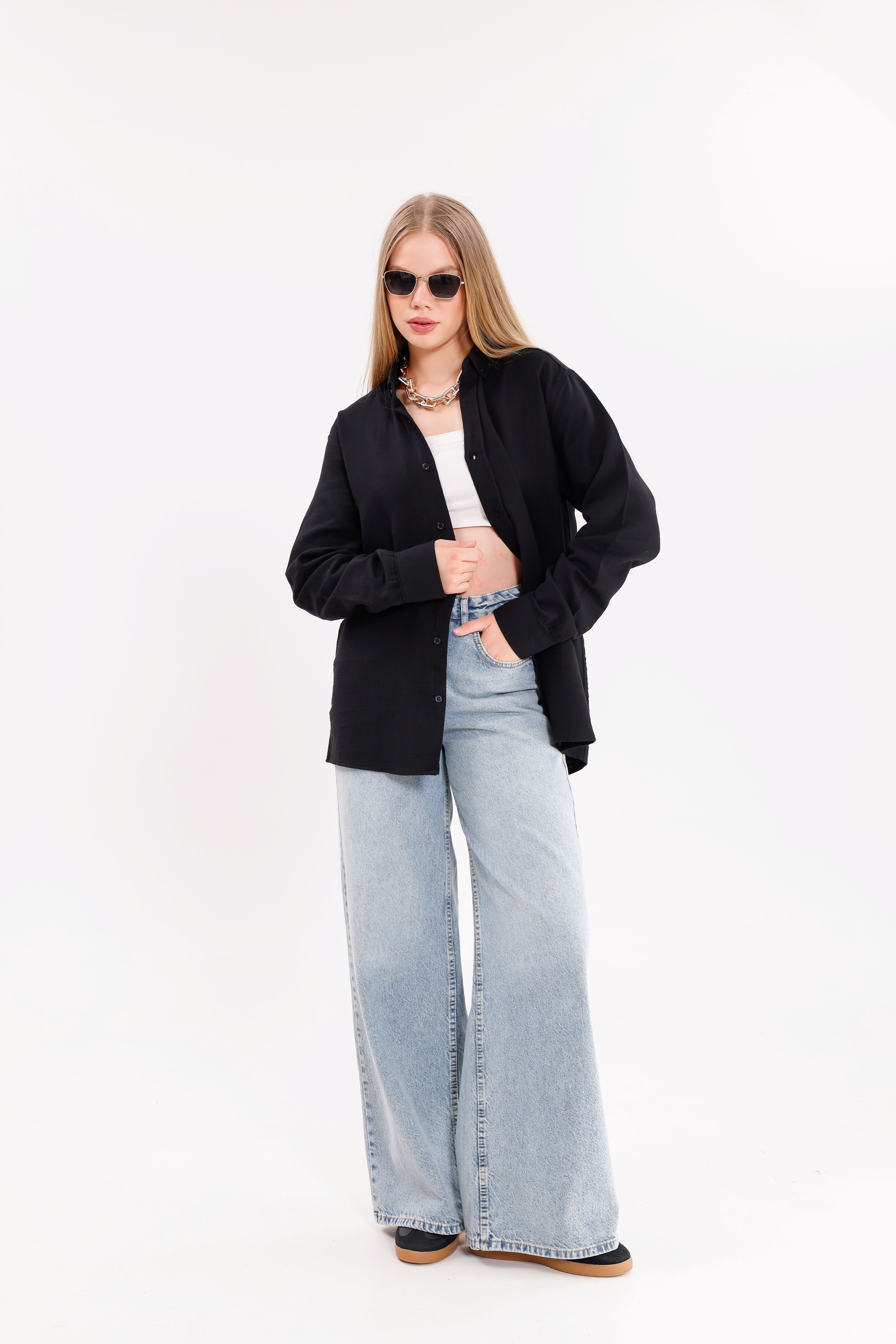Oversize Siyah Uzun Kollu Rahat Kullanım Unisex Gömlek