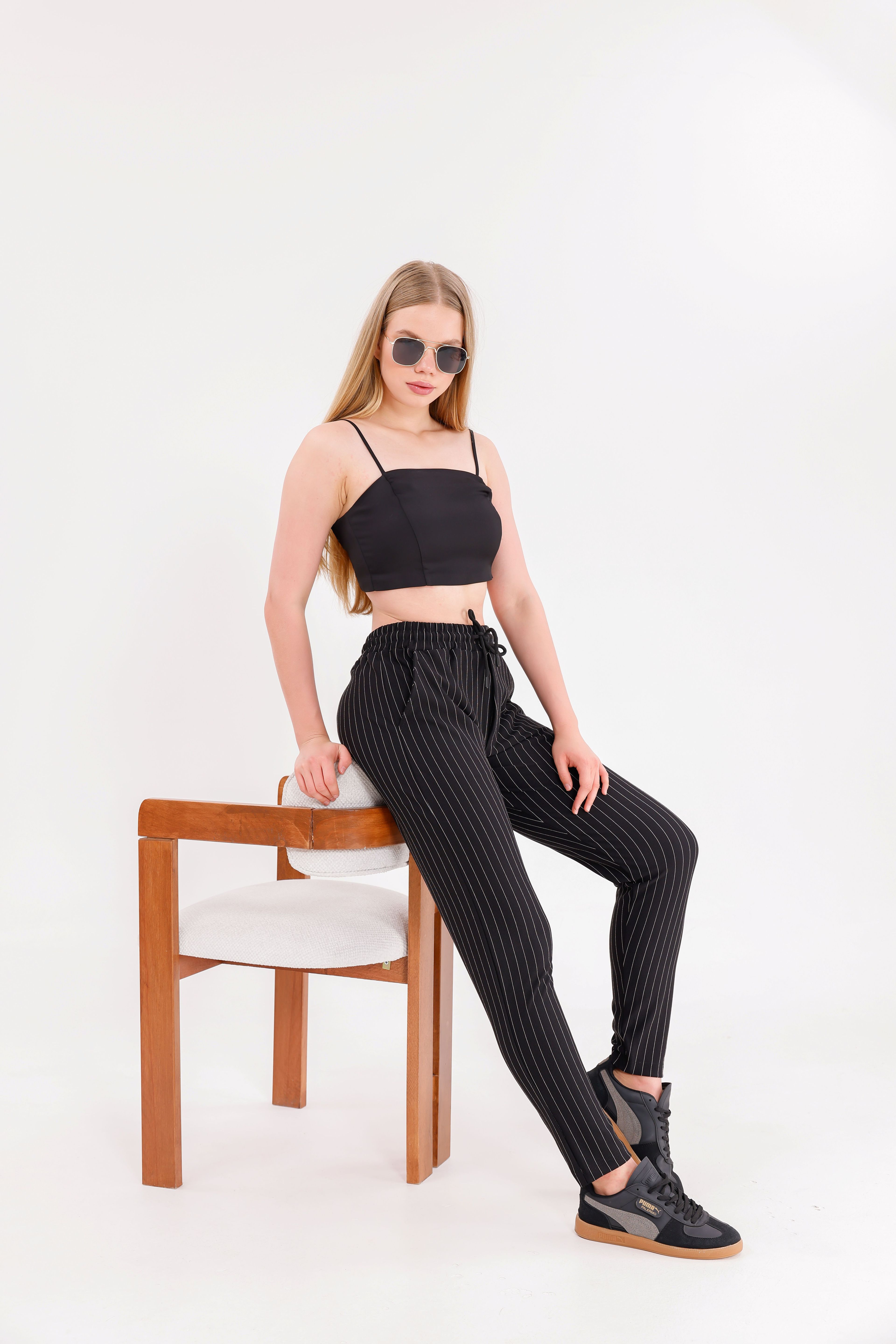 Unisex Siyah Beyaz Cizgili Eşofman