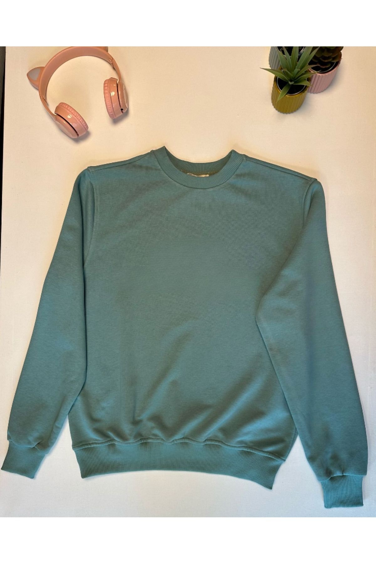 Su Yeşili %100 Pamuk Oversize Basic Sweatshirt 