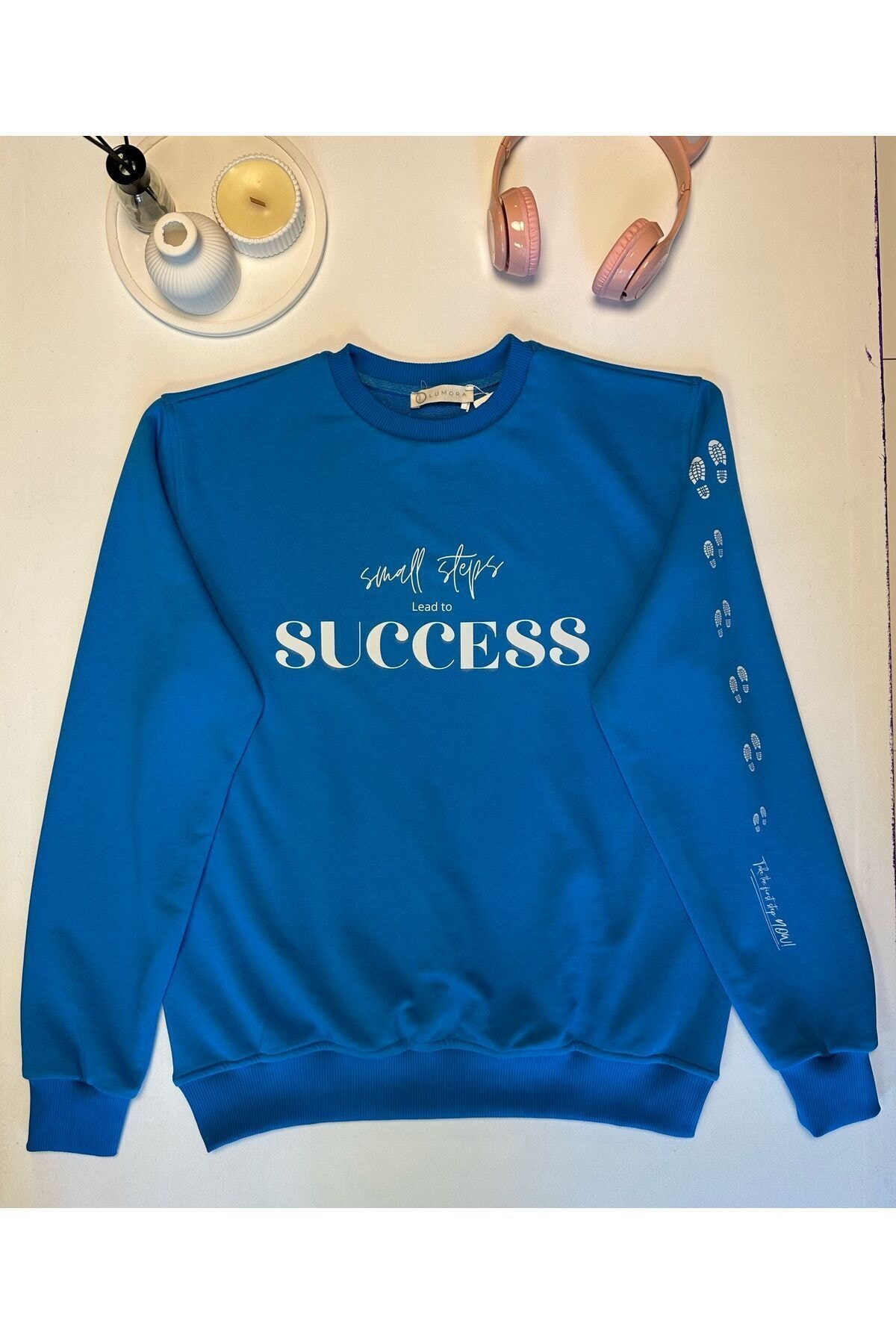 Mavi %100 Pamuk Oversize Sweatshirt | “Small Steps Lead To Success” 