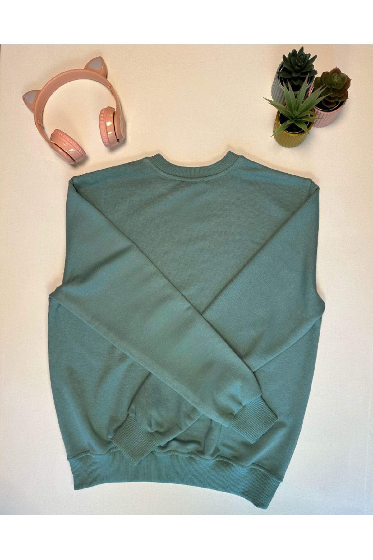 Su Yeşili %100 Pamuk Oversize Basic Sweatshirt 