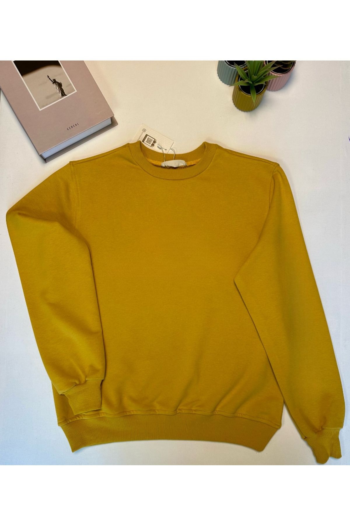 Hardal Sarısı %100 Pamuk Oversize Basic Sweatshirt 