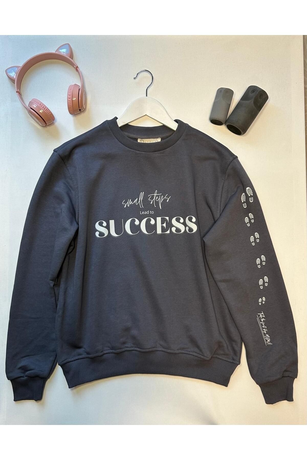 Füme Gri %100 Pamuk Oversize Sweatshirt | “Small Steps Lead To Success” 