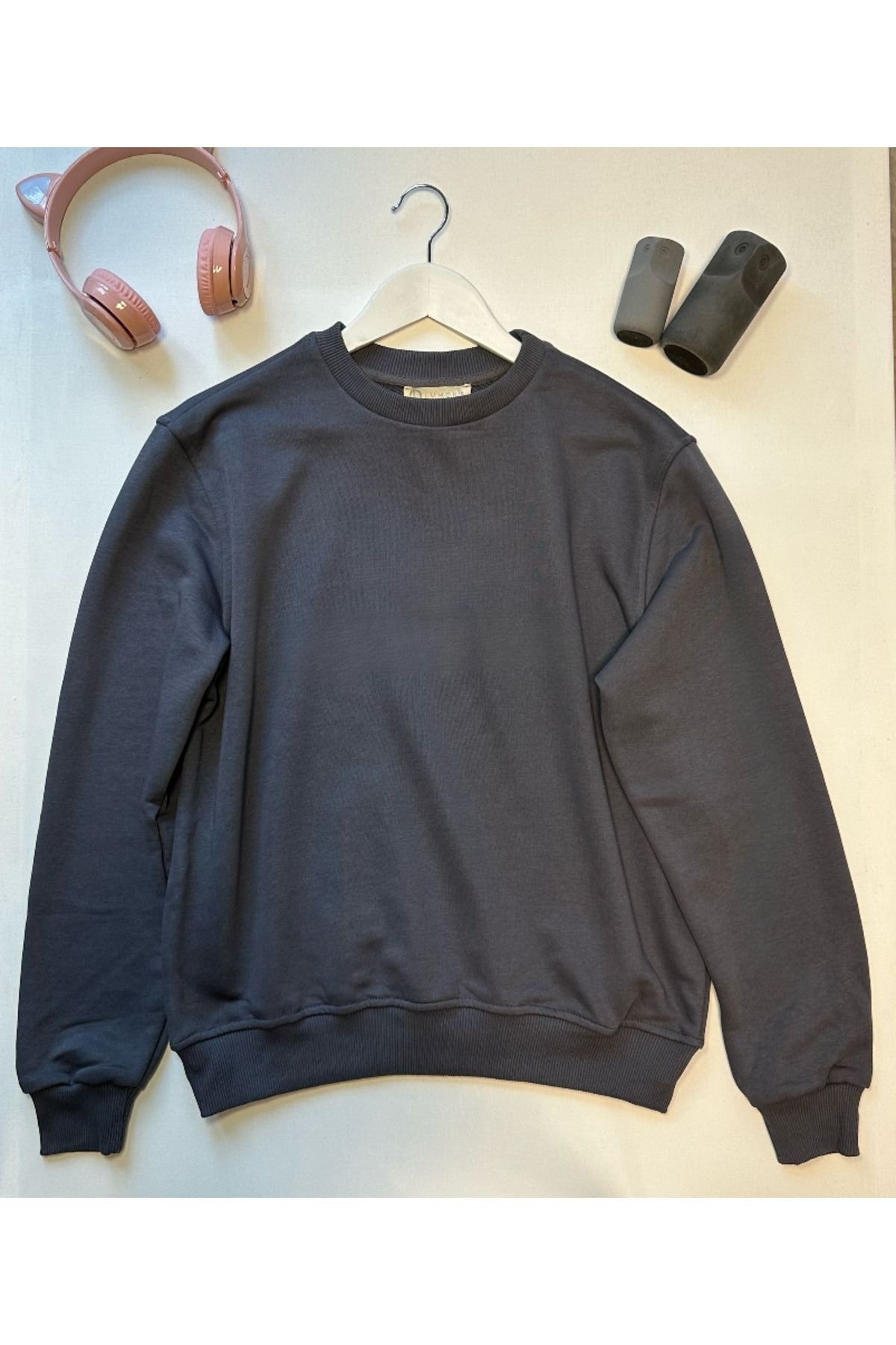 Füme Gri %100 Pamuk Oversize Basic Sweatshirt