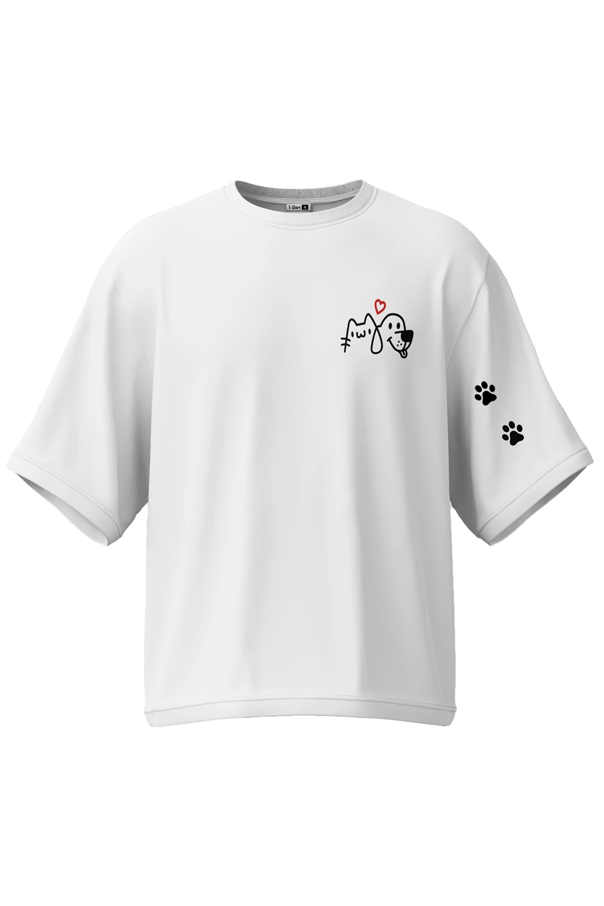 “Paw Love” Kedi & Köpek Baskılı Oversize Tişört (%100 Pamuk, Unisex)