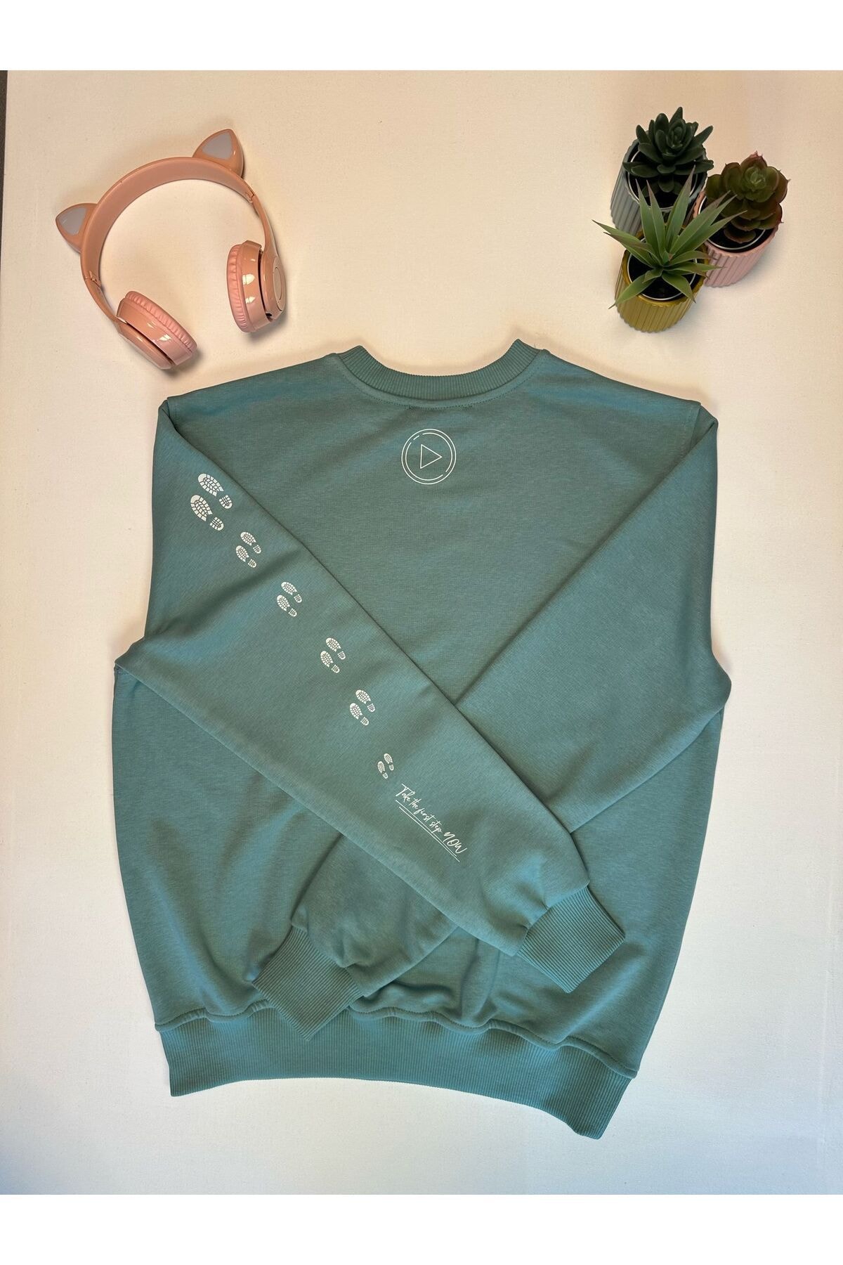 Su Yeşili %100 Pamuk Oversize Sweatshirt  | “Small Steps Lead To Success”