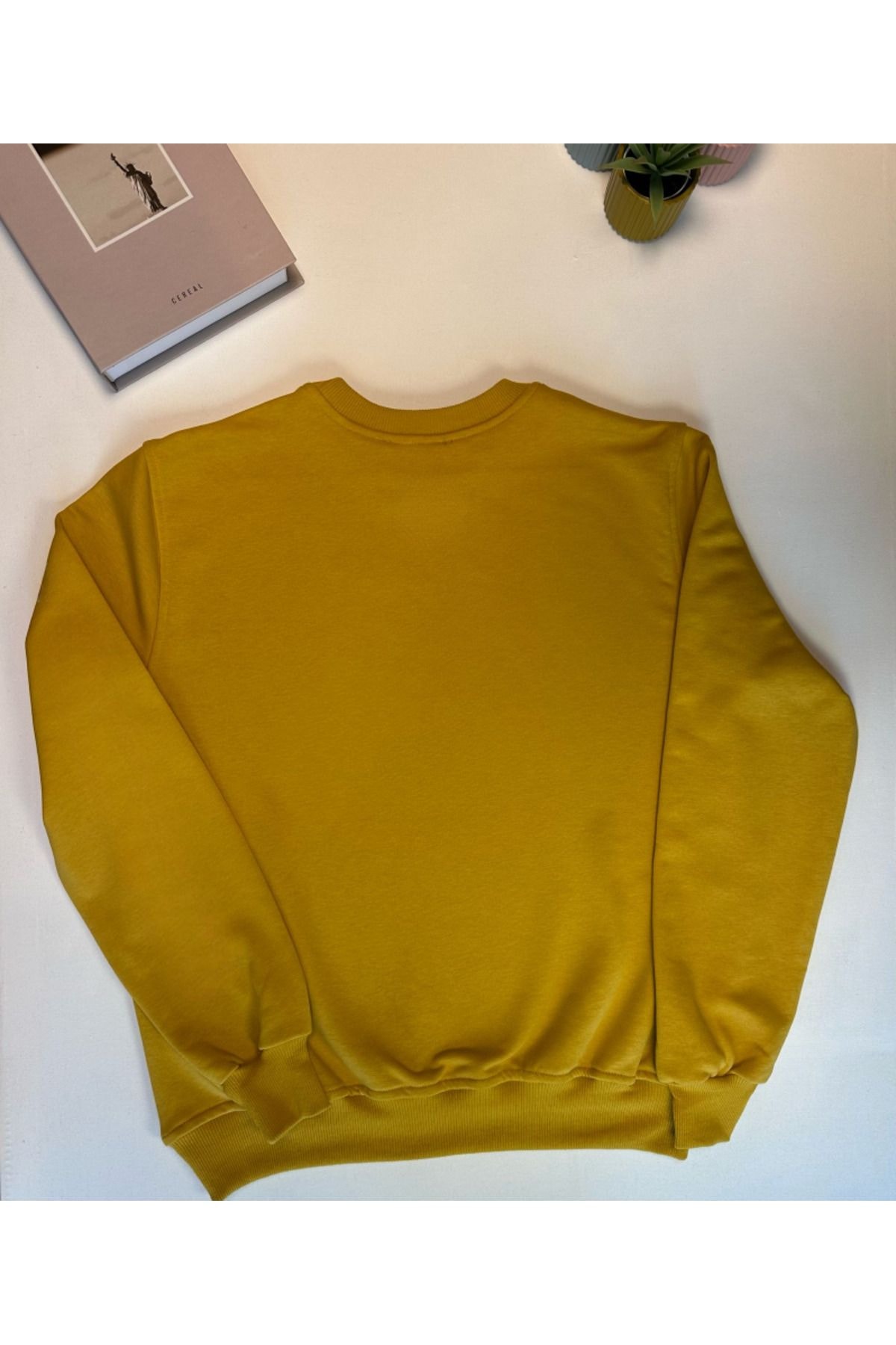 Hardal Sarısı %100 Pamuk Oversize Basic Sweatshirt 