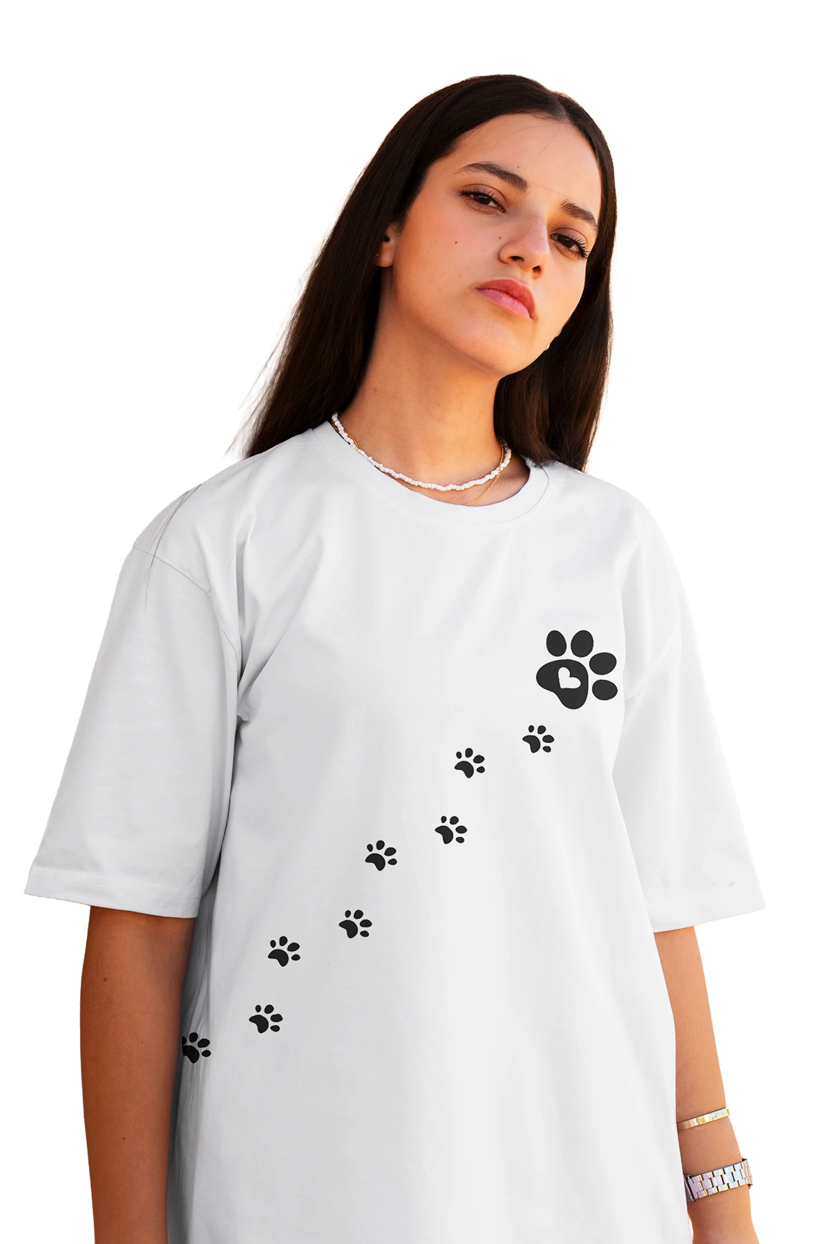 Cat Peek / Paw Trail Oversize Tişört (%100 Pamuk, Unisex)